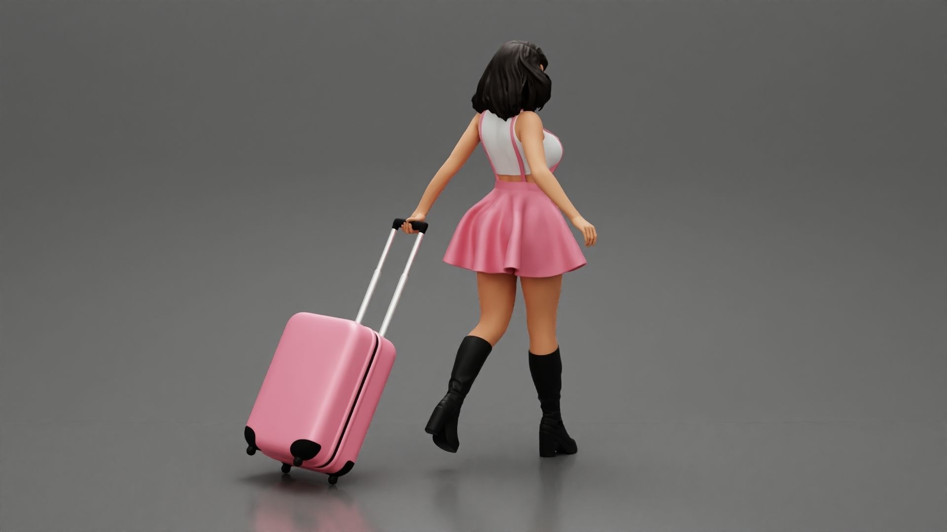 2 woman in dress and boots pulling suitcase walking in airport 3D print model_4