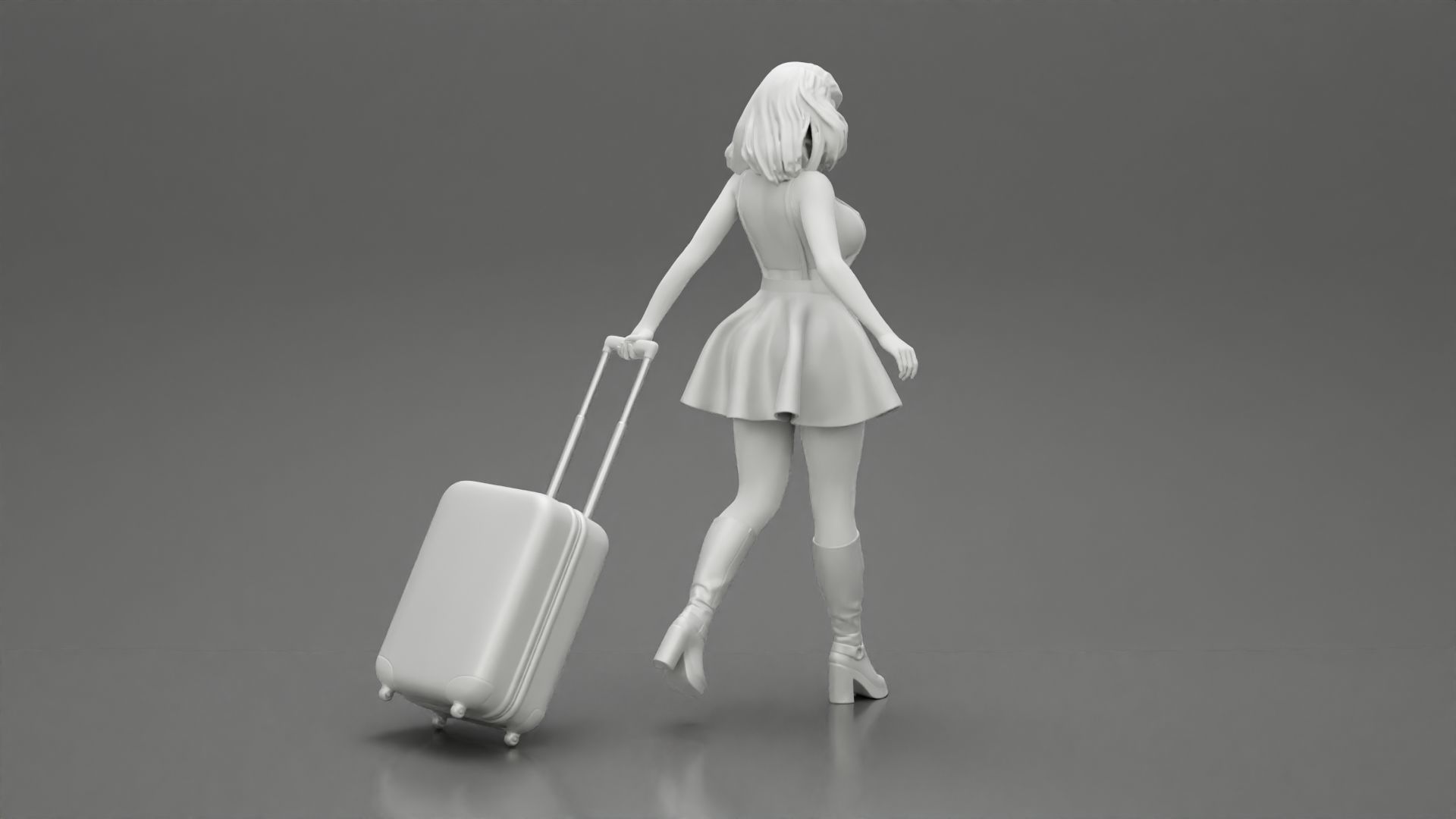 2 woman in dress and boots pulling suitcase walking in airport 3D print model_10