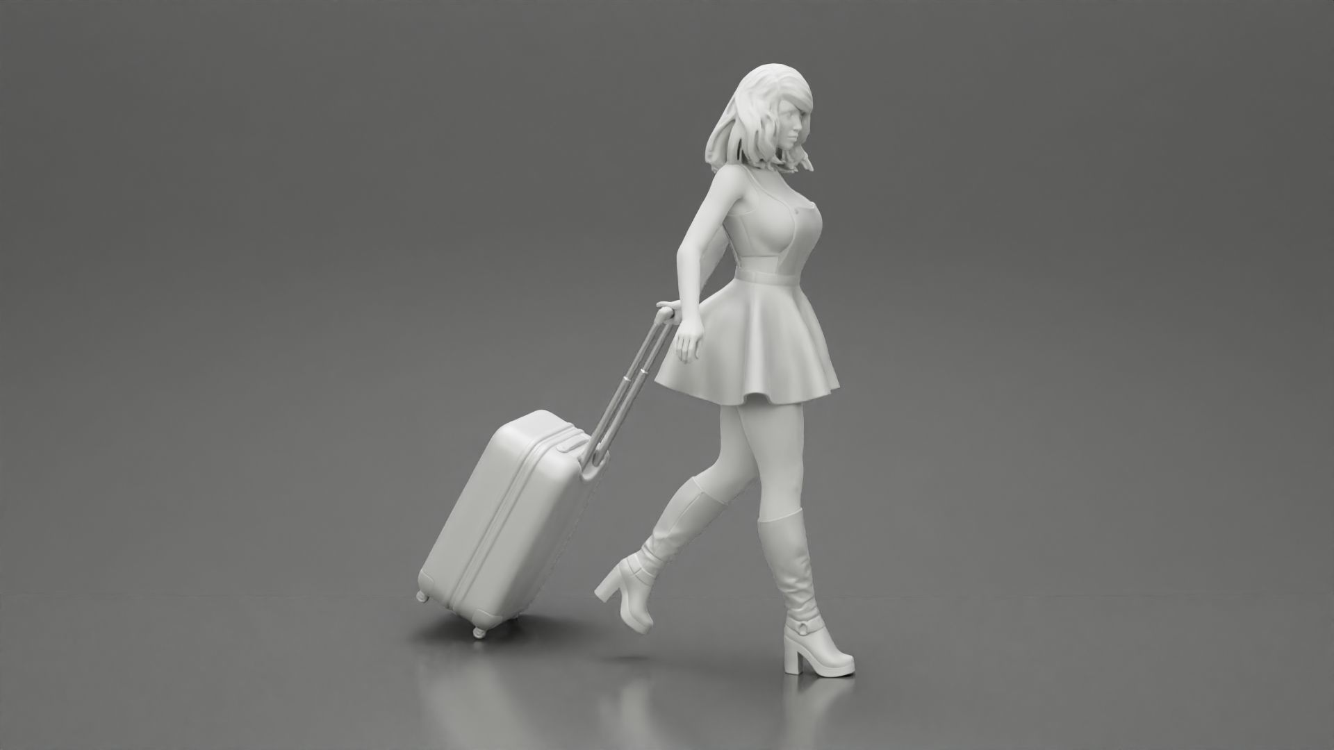 2 woman in dress and boots pulling suitcase walking in airport 3D print model_9