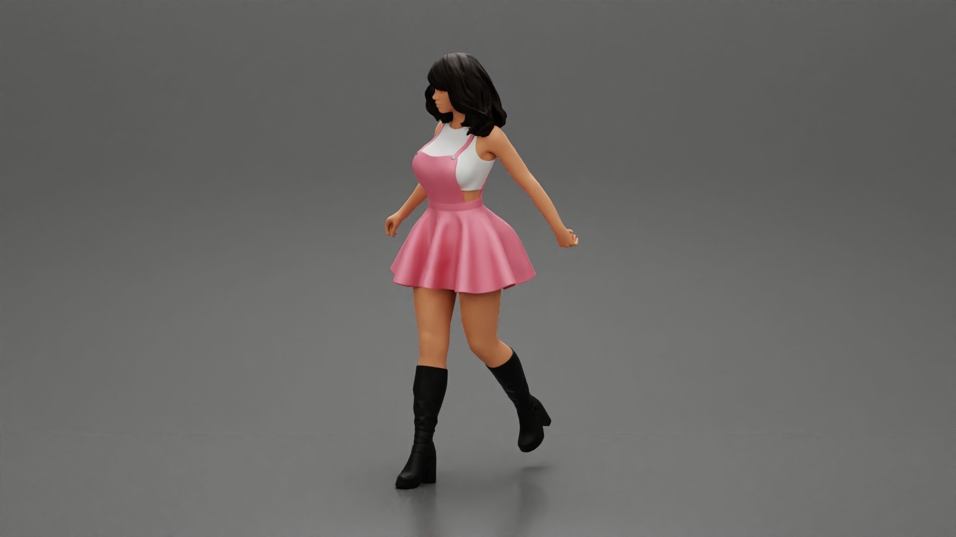 2 woman in dress and boots pulling suitcase walking in airport 3D print model_1