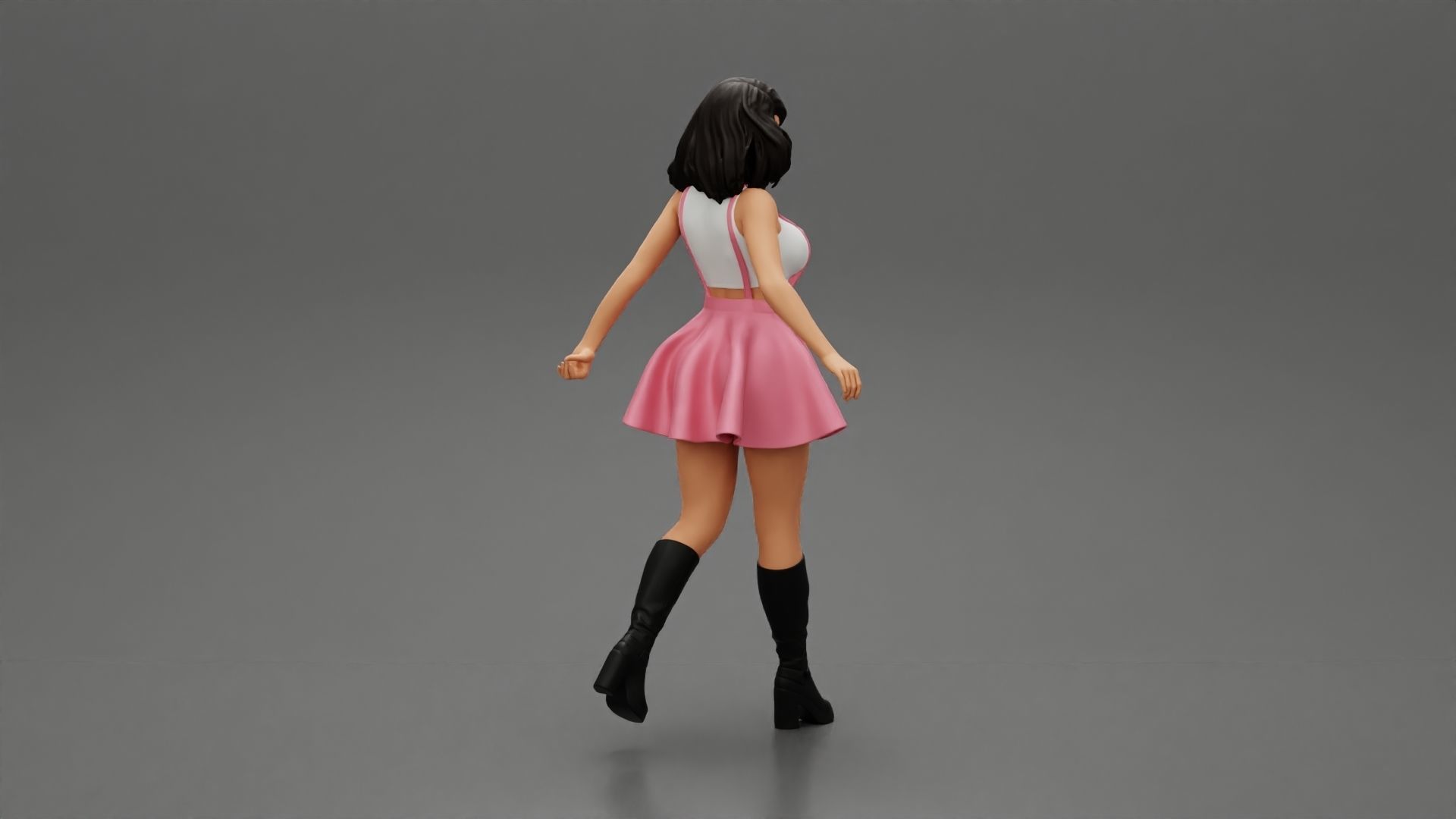 2 woman in dress and boots pulling suitcase walking in airport 3D print model_15