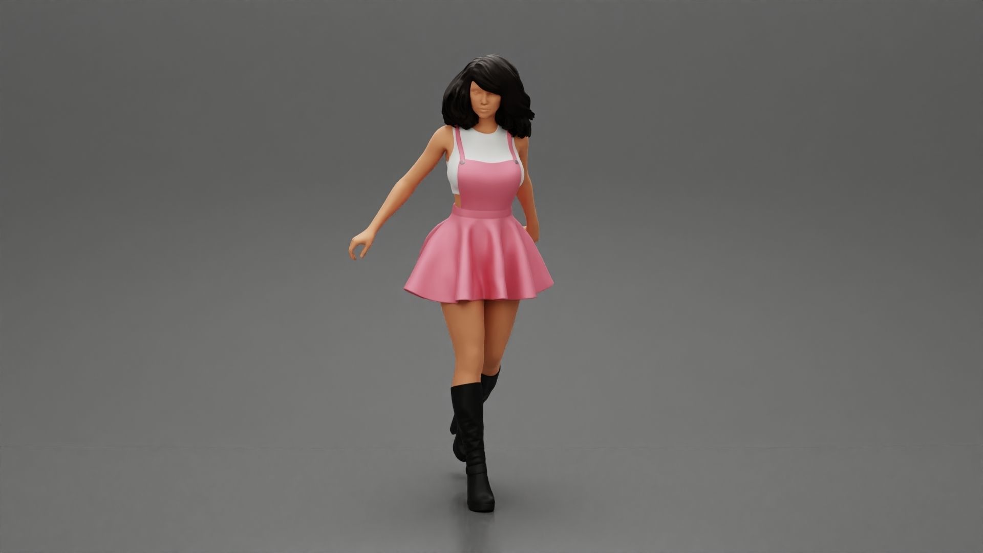 2 woman in dress and boots pulling suitcase walking in airport 3D print model_13