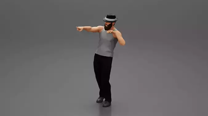 Travel man wearing a hat and a beard pointing the right way