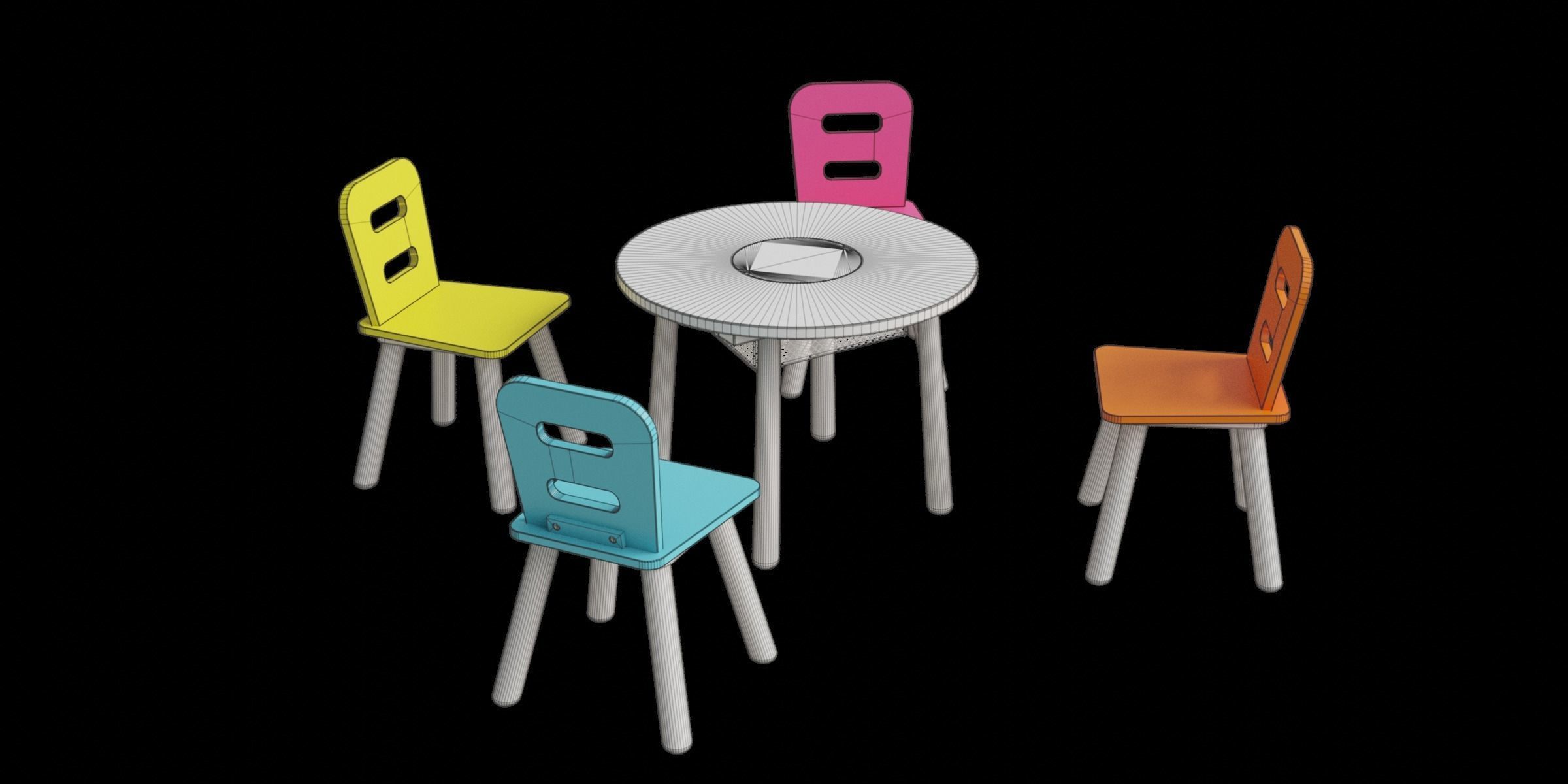 Table And Chairs Set For Kids Low-poly 3D model_3