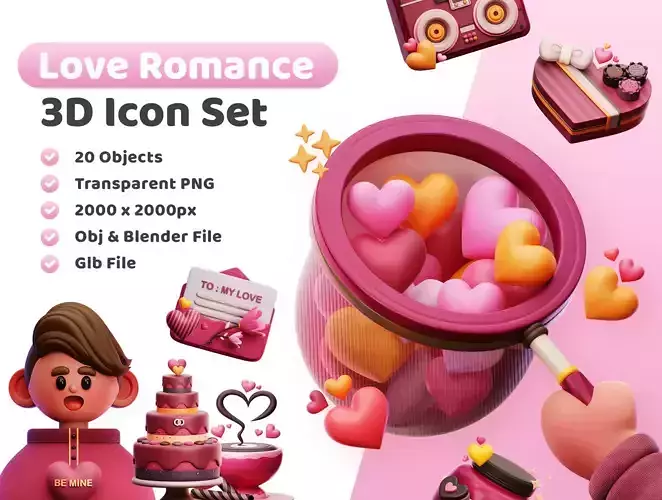 Love Romance Icon Pack 3D Model Low-poly 3D model