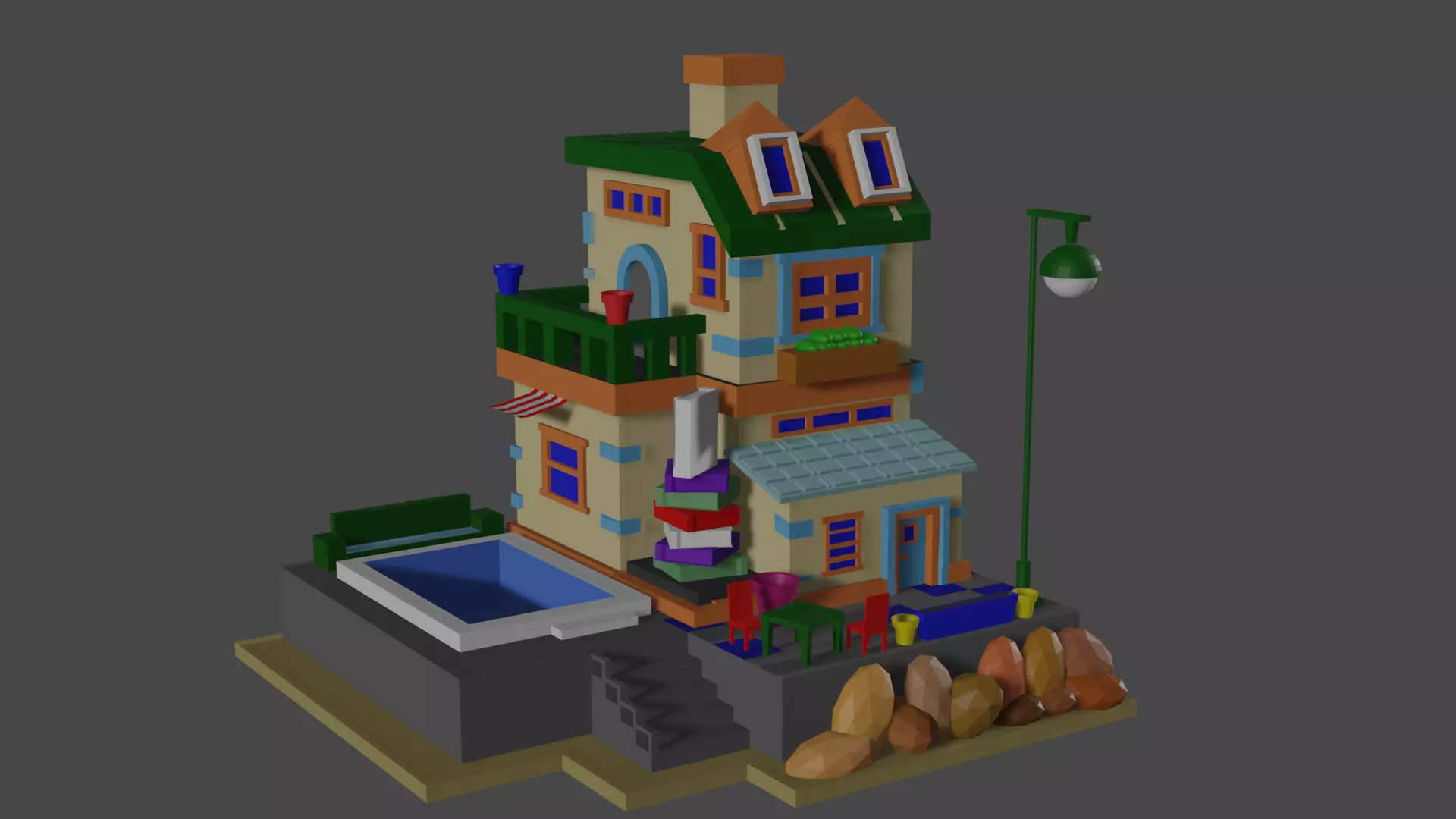 Cartoon House with pool Low-poly 3D model_0