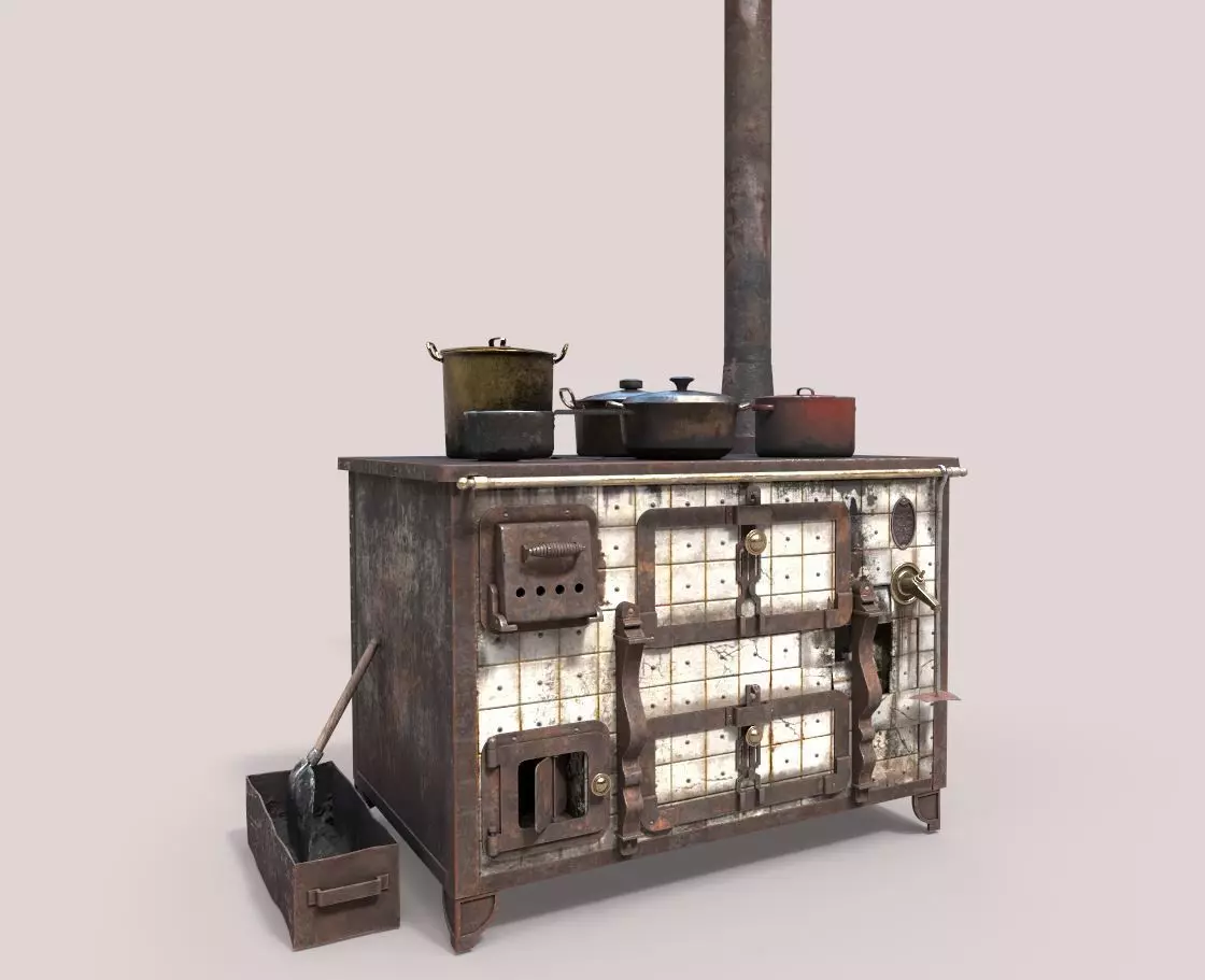Old Stove With Pots 3D model_0