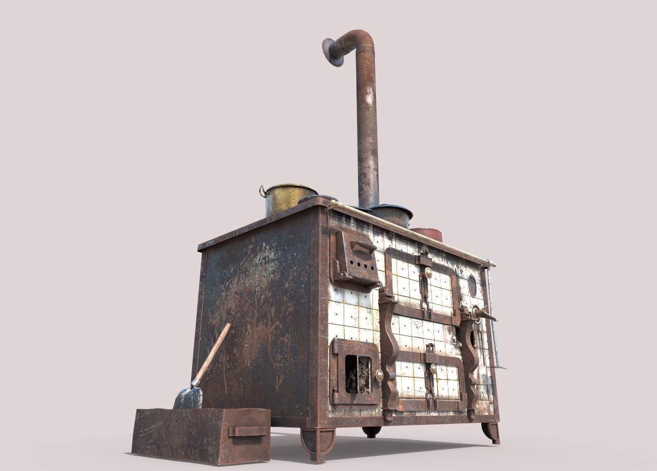 Old Stove With Pots 3D model_2