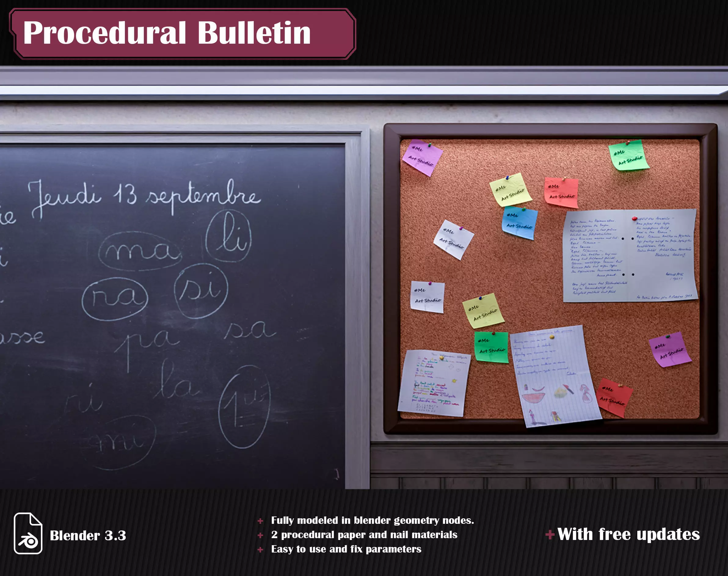 Procedural Bulletin plus Procedural Sticky Note and Nail 3D model_0