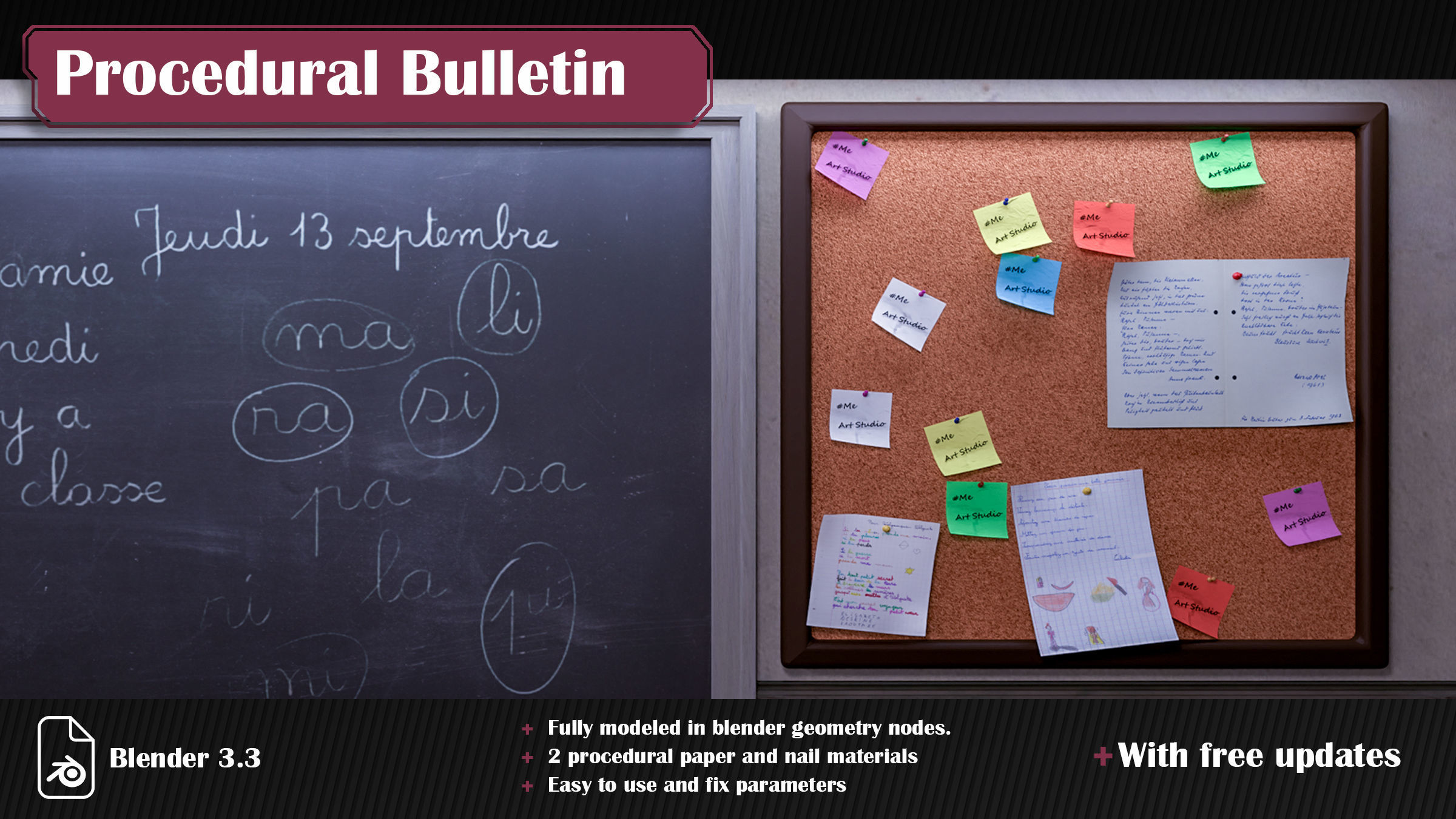 Procedural Bulletin plus Procedural Sticky Note and Nail 3D model_1