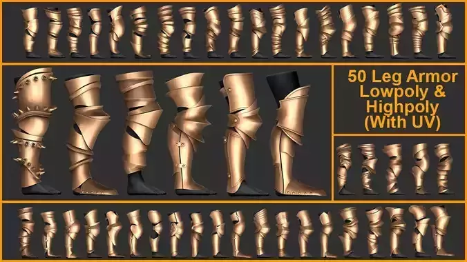 50 Leg Armor Pack Highpoly and Lowpoly With UVs Low-poly 3D model