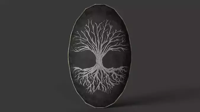 Slavic ellipse leather shield-painted black with trees symbol Low-poly 3D model