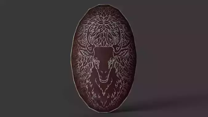 Slavic ellipse leather shield-painted red with deer symbol Low-poly 3D model