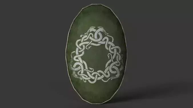 Slavic ellipse leather shield-painted green with uroboros symbol Low-poly 3D model