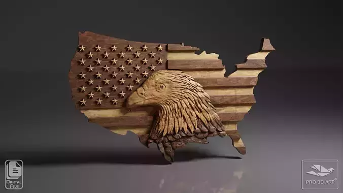 USA Map and Flag - Eagle - CNC Files For Wood - 3D STL Model 3D model