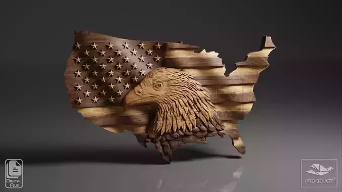 USA Wavy Map and Flag - Eagle - CNC Files For Wood - STL Model