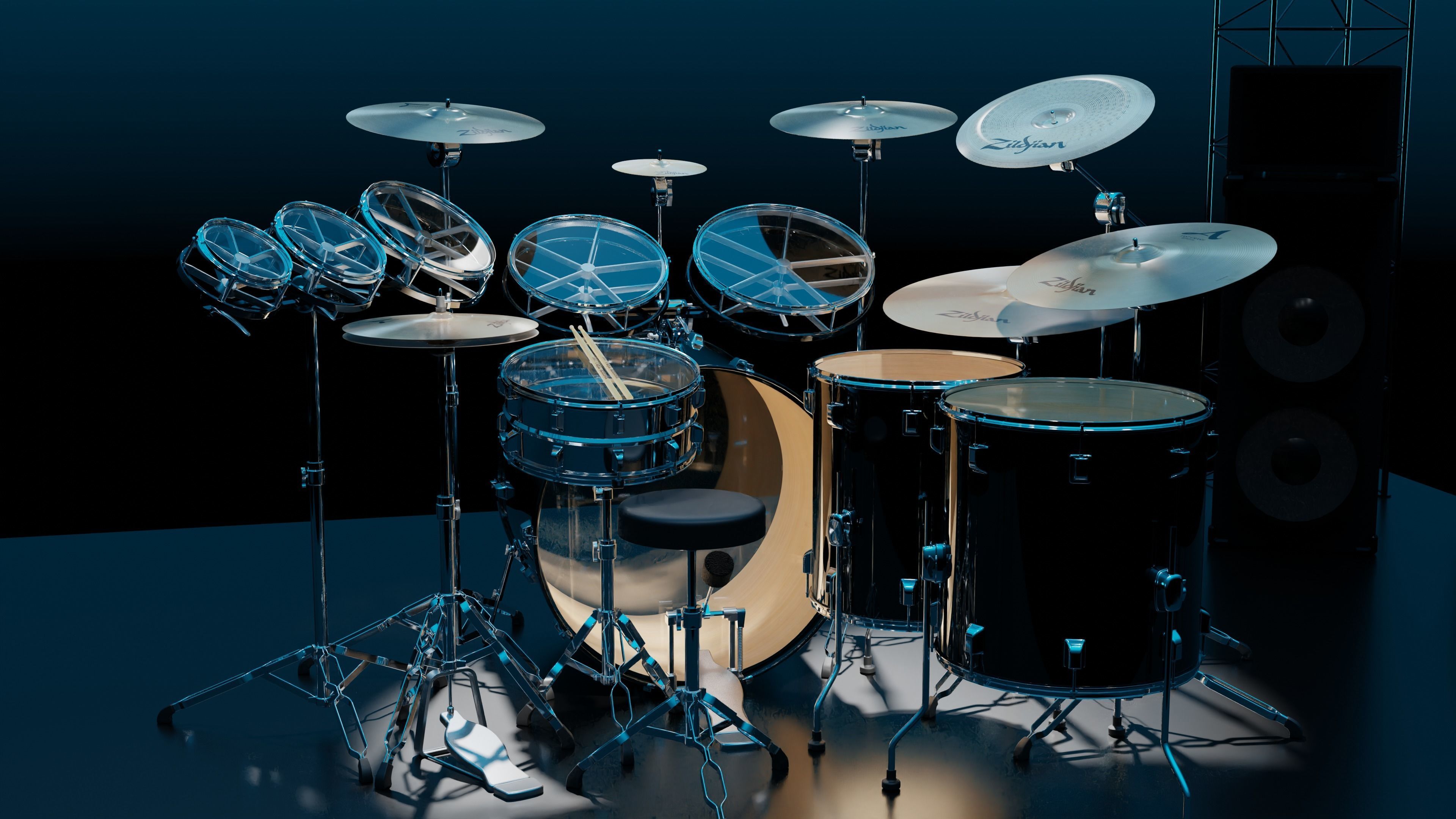 Drums Pearl Full Set with Cymbals and Rototoms 3D model_3