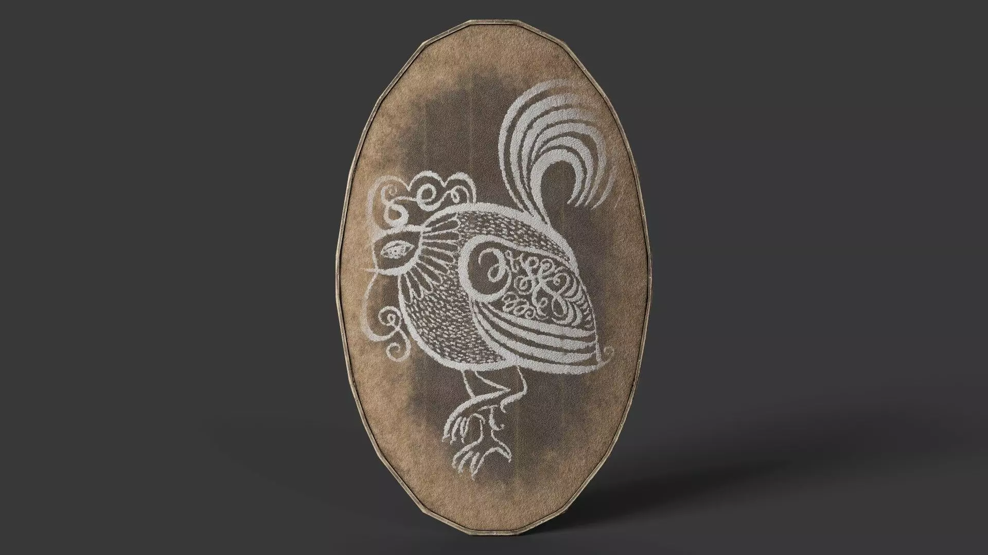Slavic ellipse leather shield-painted white with rooster symbol Low-poly 3D model_0