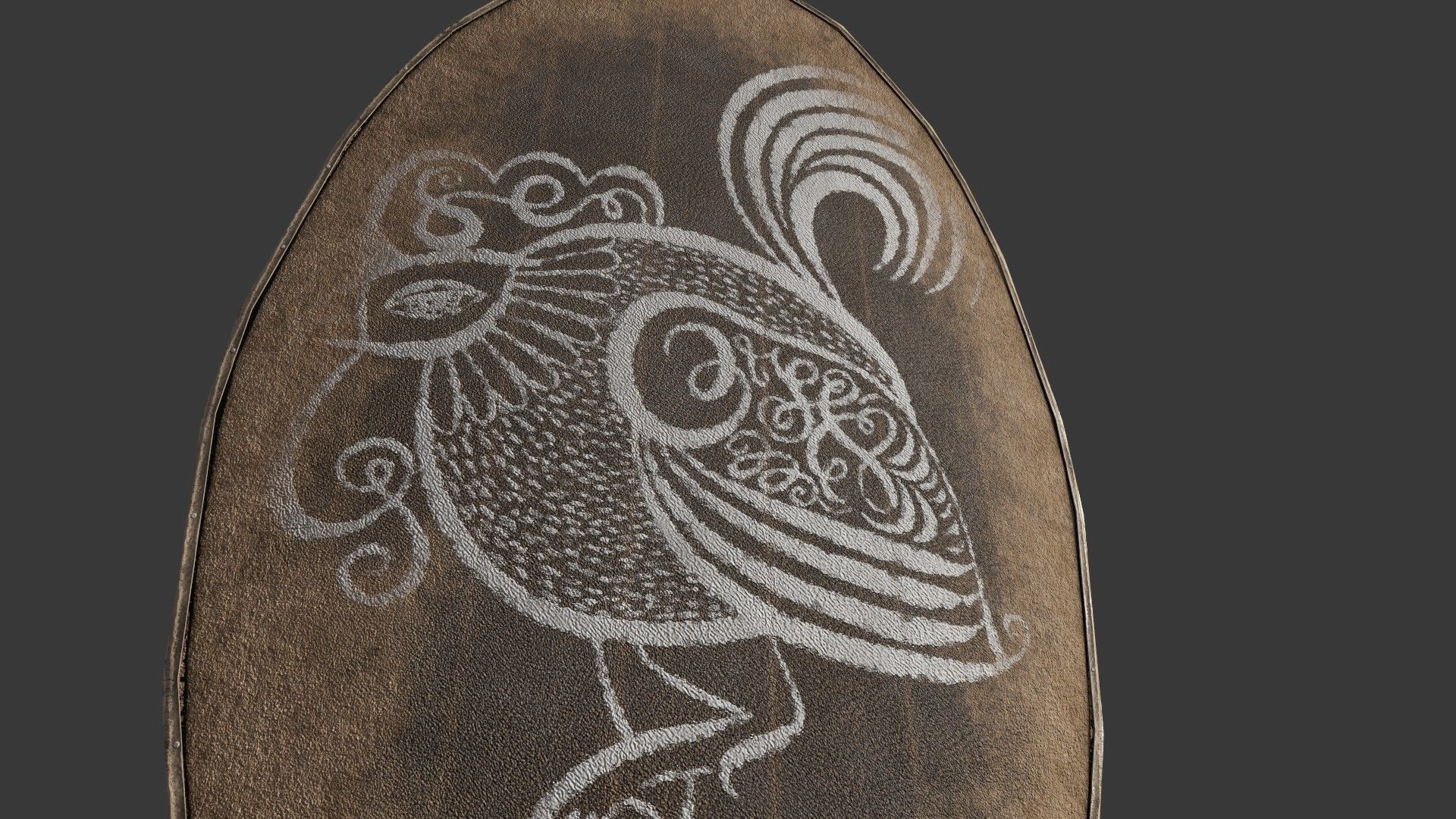 Slavic ellipse leather shield-painted white with rooster symbol Low-poly 3D model_4