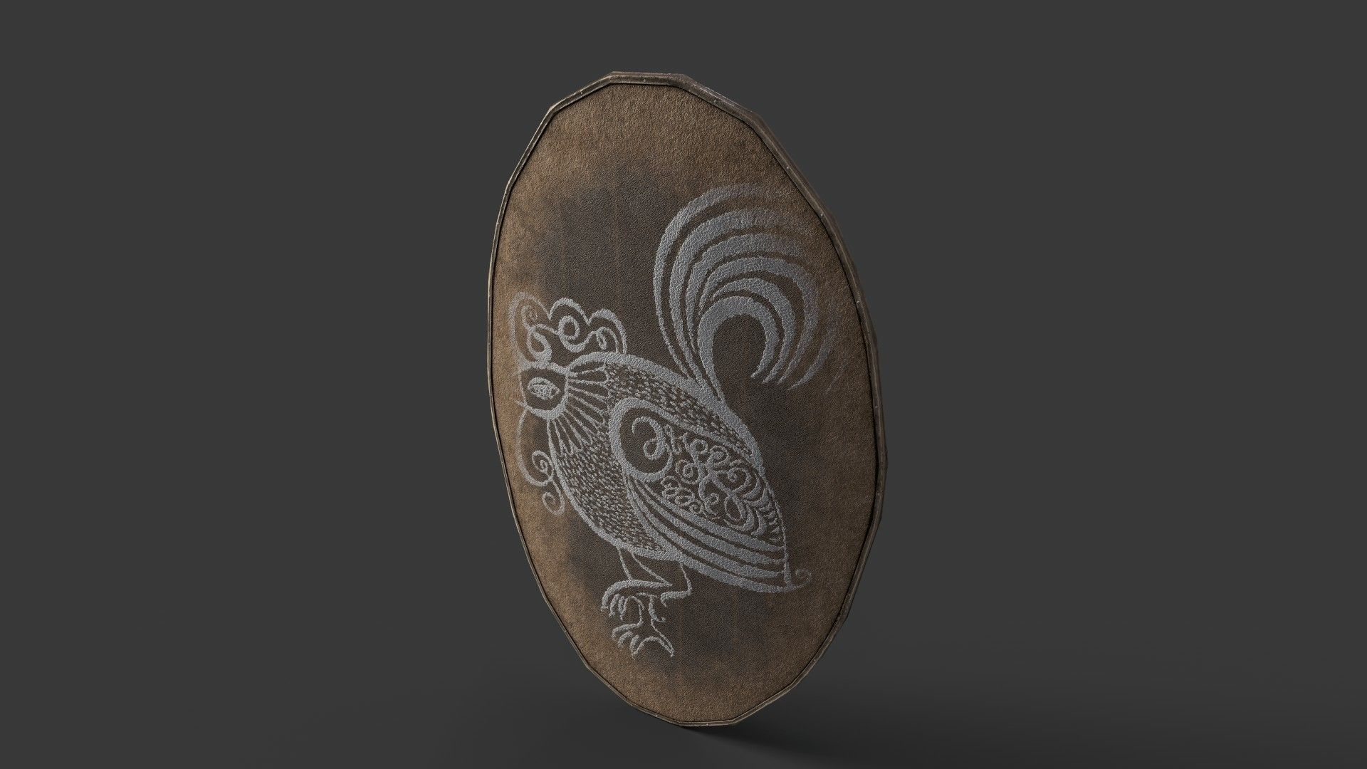 Slavic ellipse leather shield-painted white with rooster symbol Low-poly 3D model_5