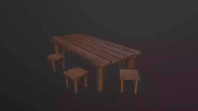 Wooden Tavern Table and Chairs 3D Model