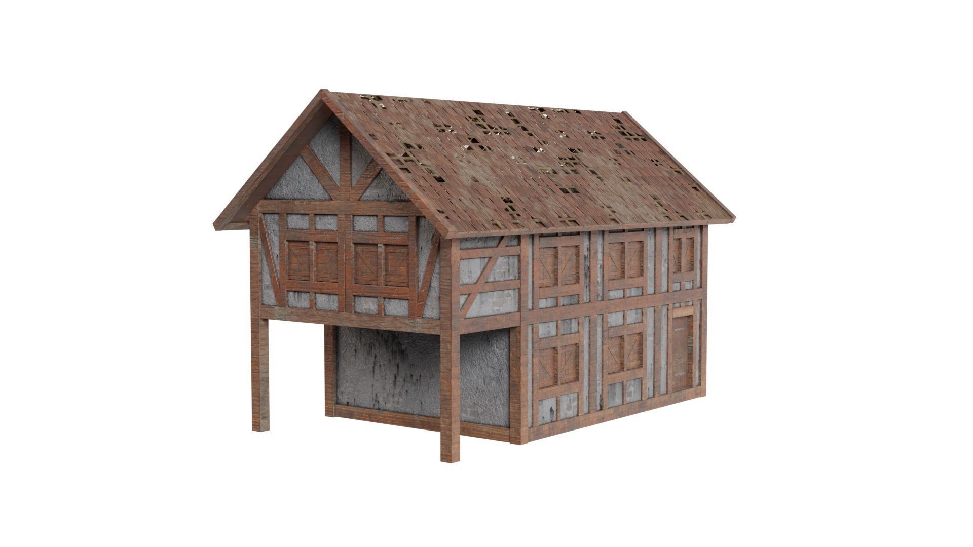 Low Poly Medieval House and Windmill Low-poly 3D model_2