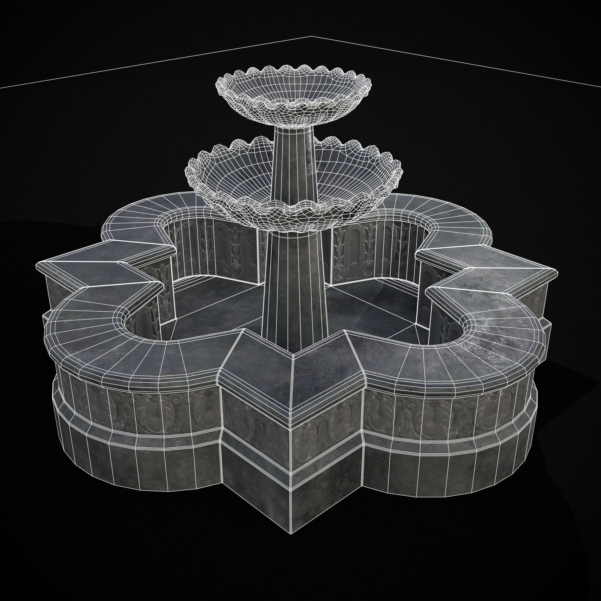 Quatrefoil Multi Level Fountain Low-poly 3D model_10