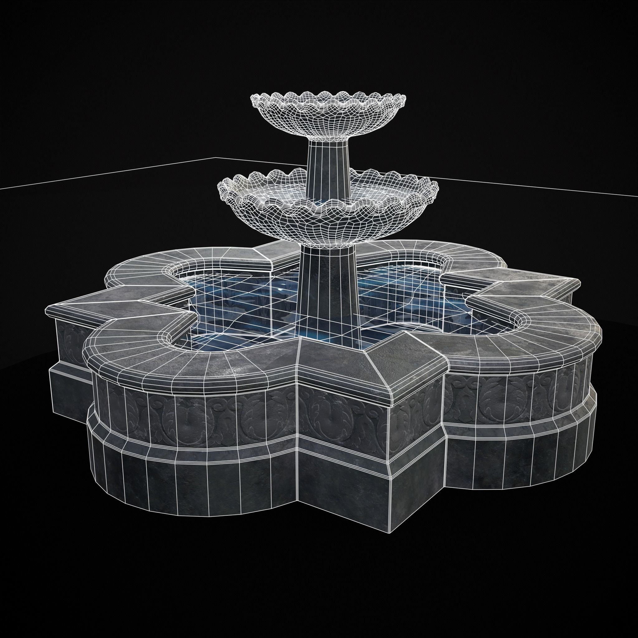 Quatrefoil Multi Level Fountain Low-poly 3D model_6