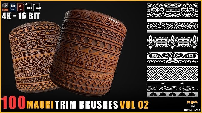 100 Mauri Trim Brushes - Border Pattern - Roll Brush - VOL 02 Texture