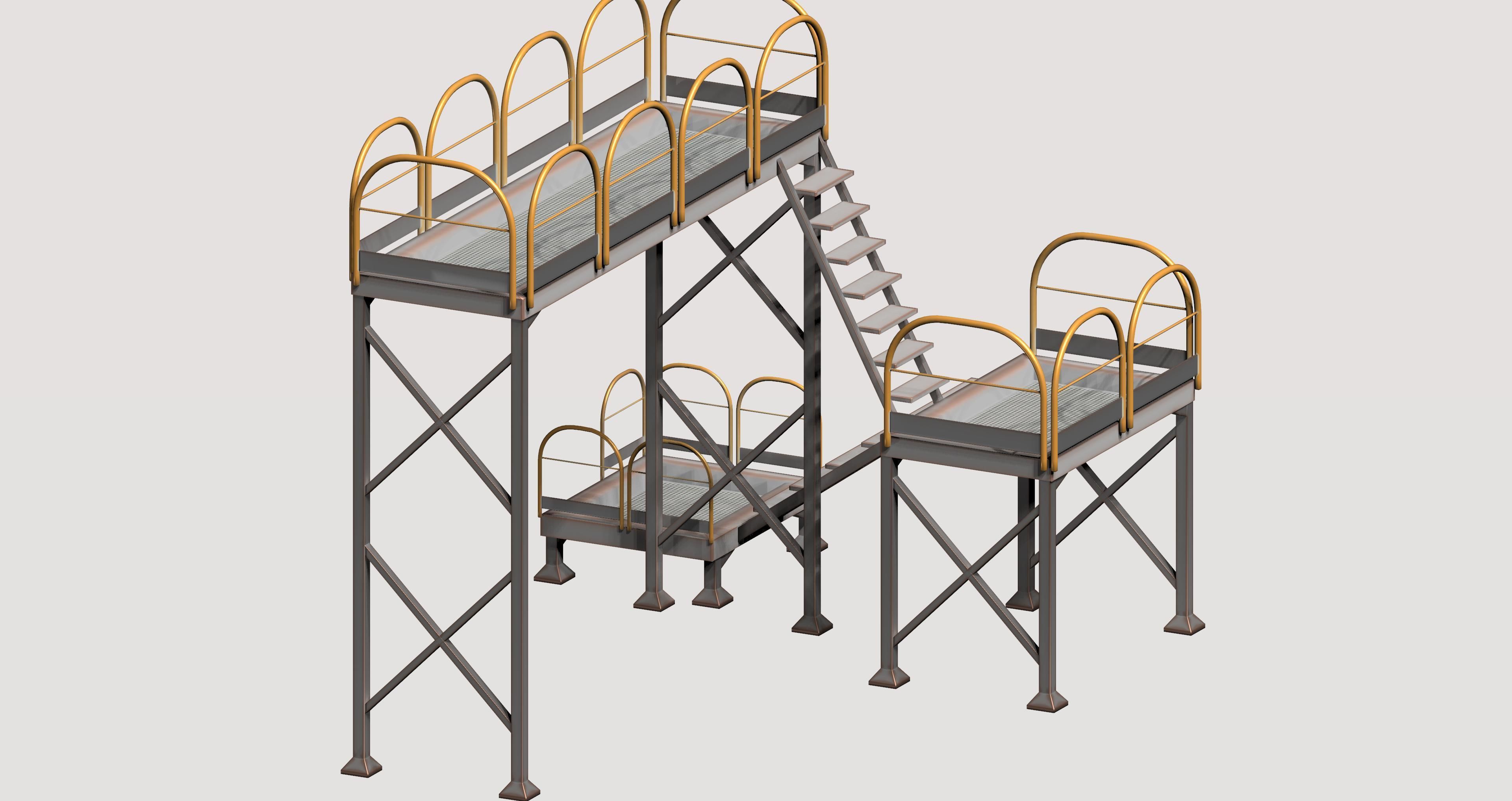 Industrial yellow platform with rails Low-poly 3D model_3