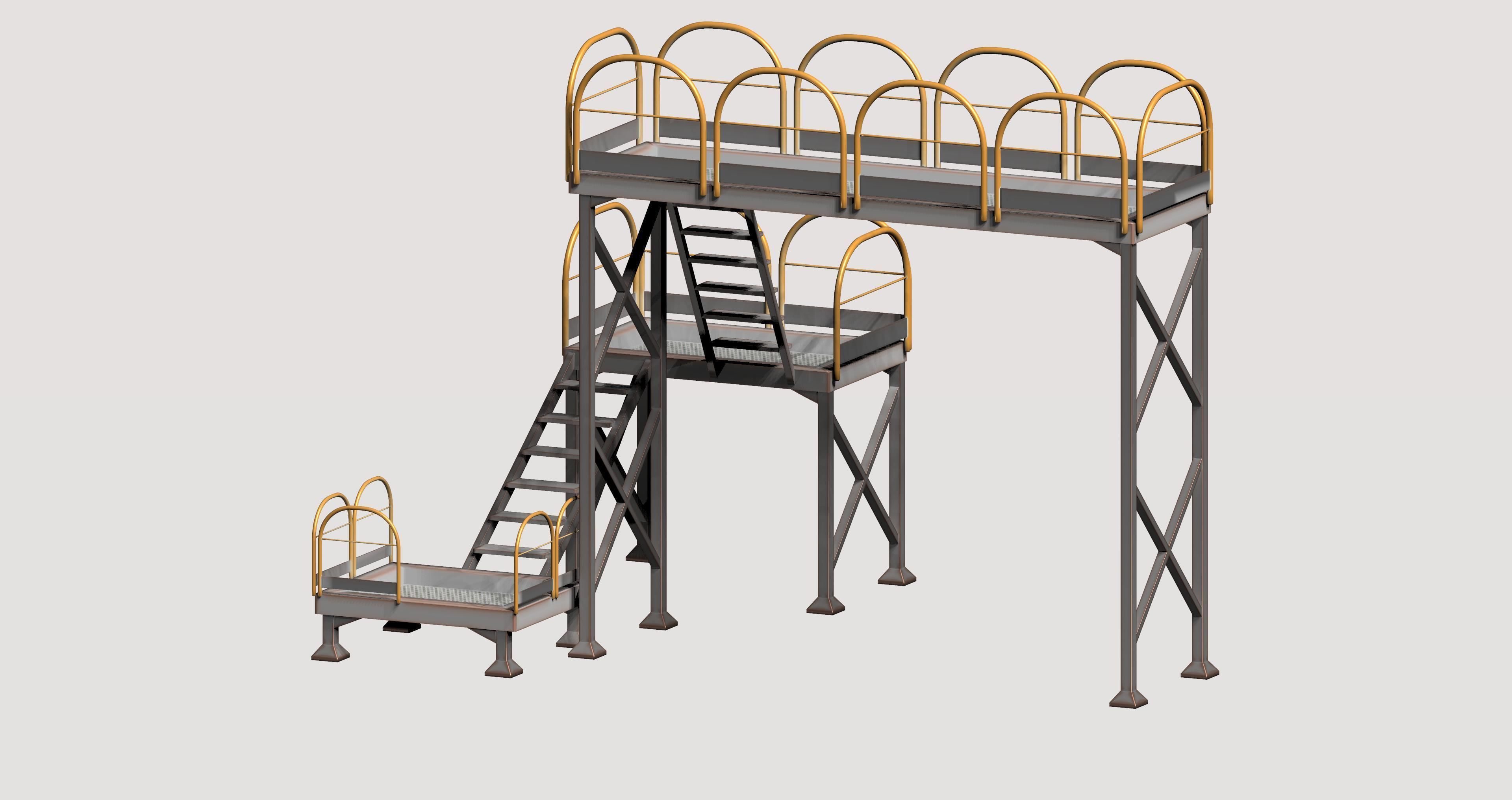 Industrial yellow platform with rails Low-poly 3D model_1