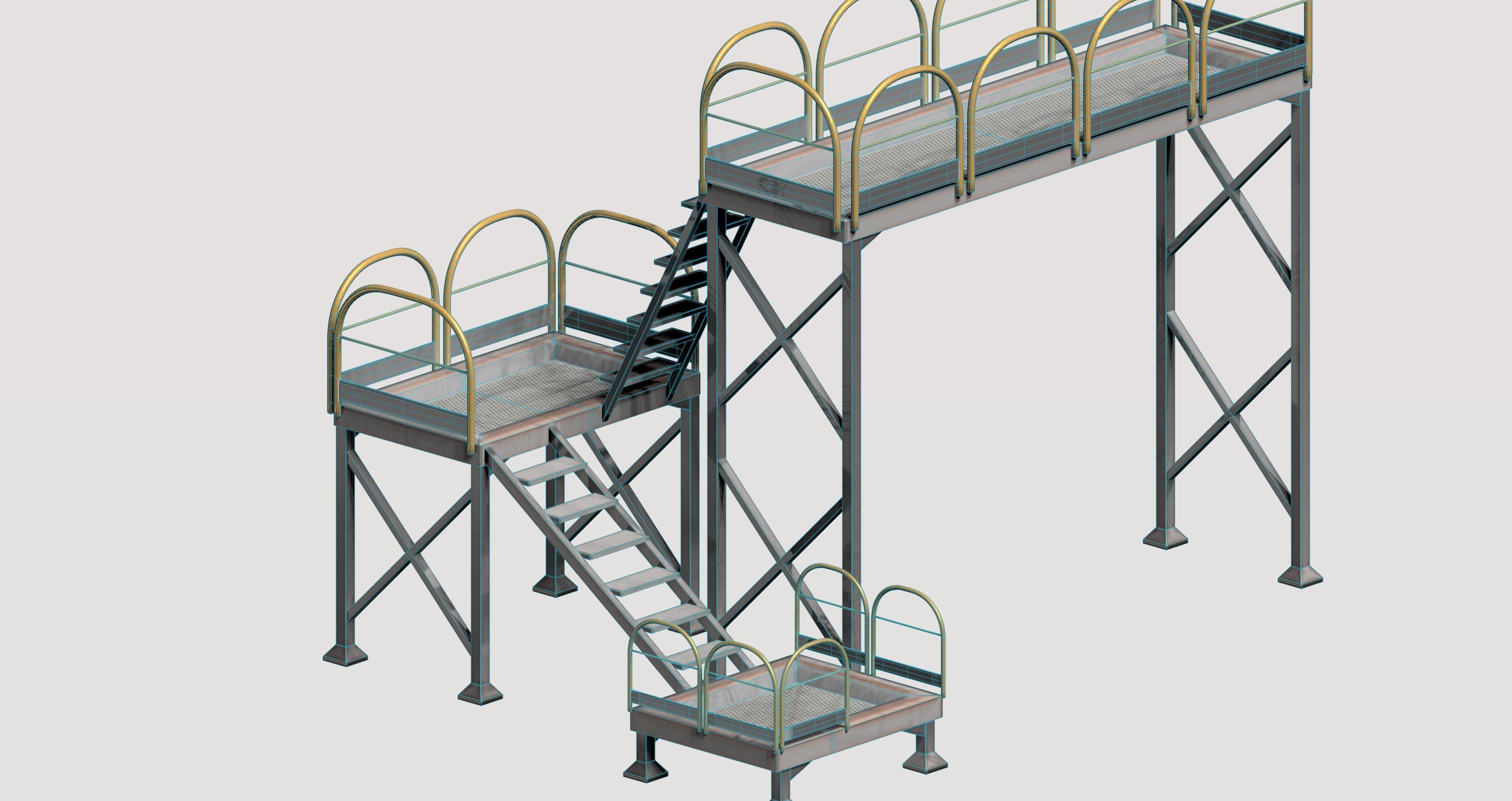 Industrial yellow platform with rails Low-poly 3D model_6