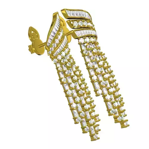 Round and Baguette Diamond Long Dongle Earring