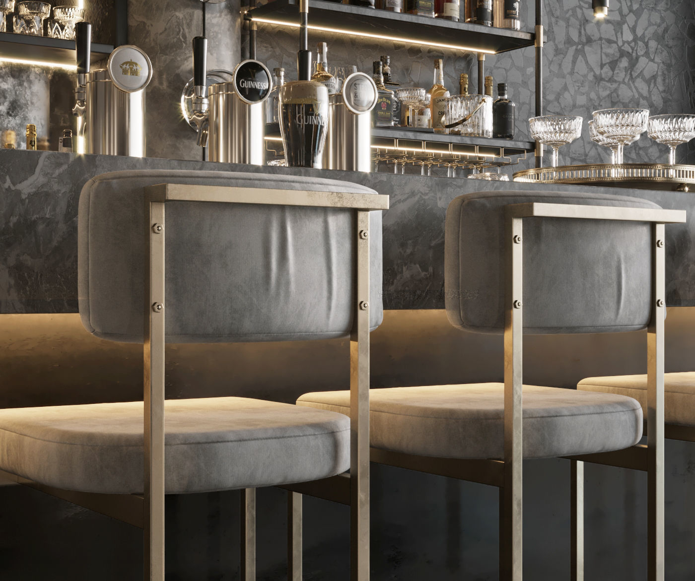 Bar Interior Bar Counter with alcohol and glasses 3D model_14