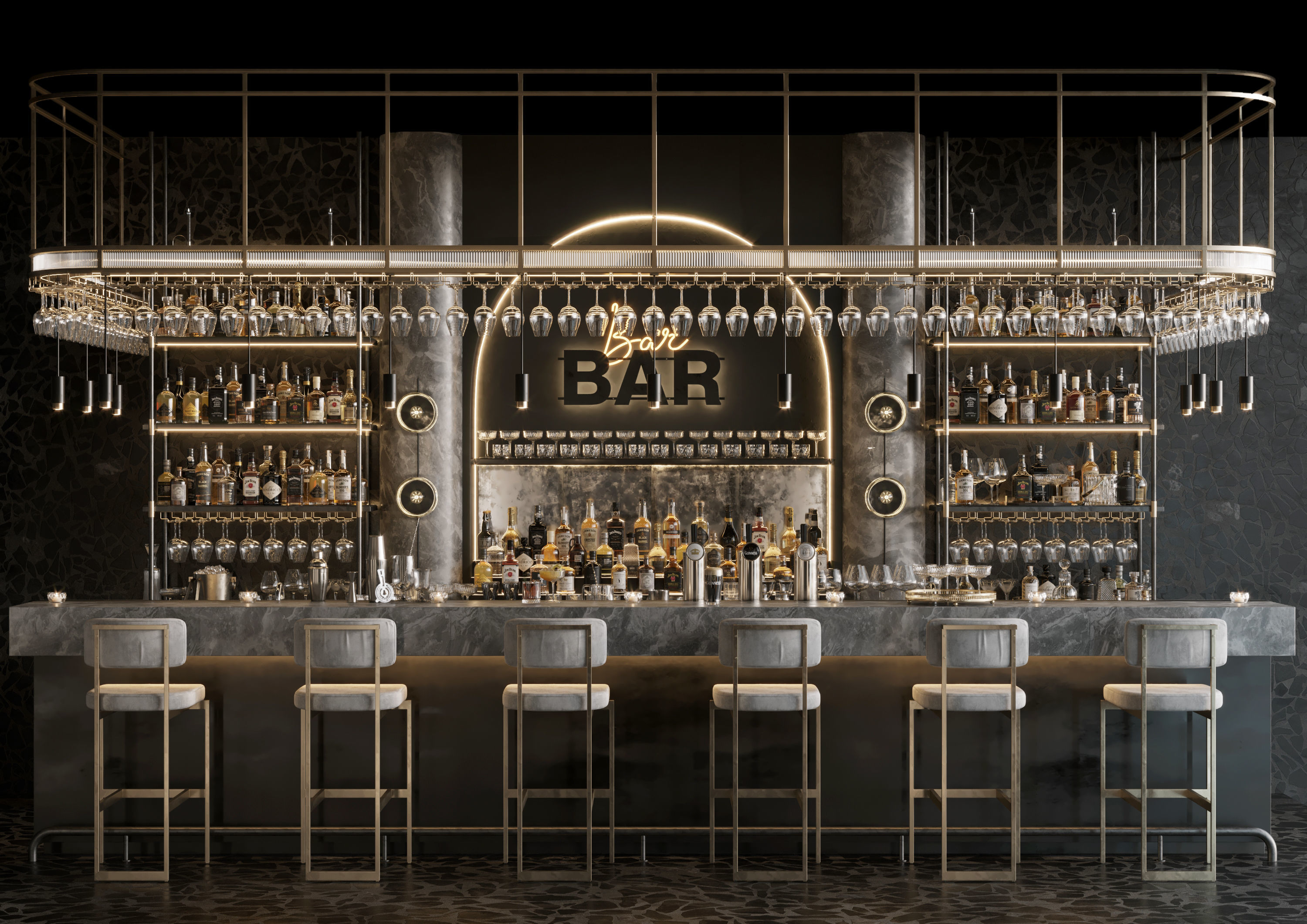 Bar Interior Bar Counter with alcohol and glasses 3D model_1