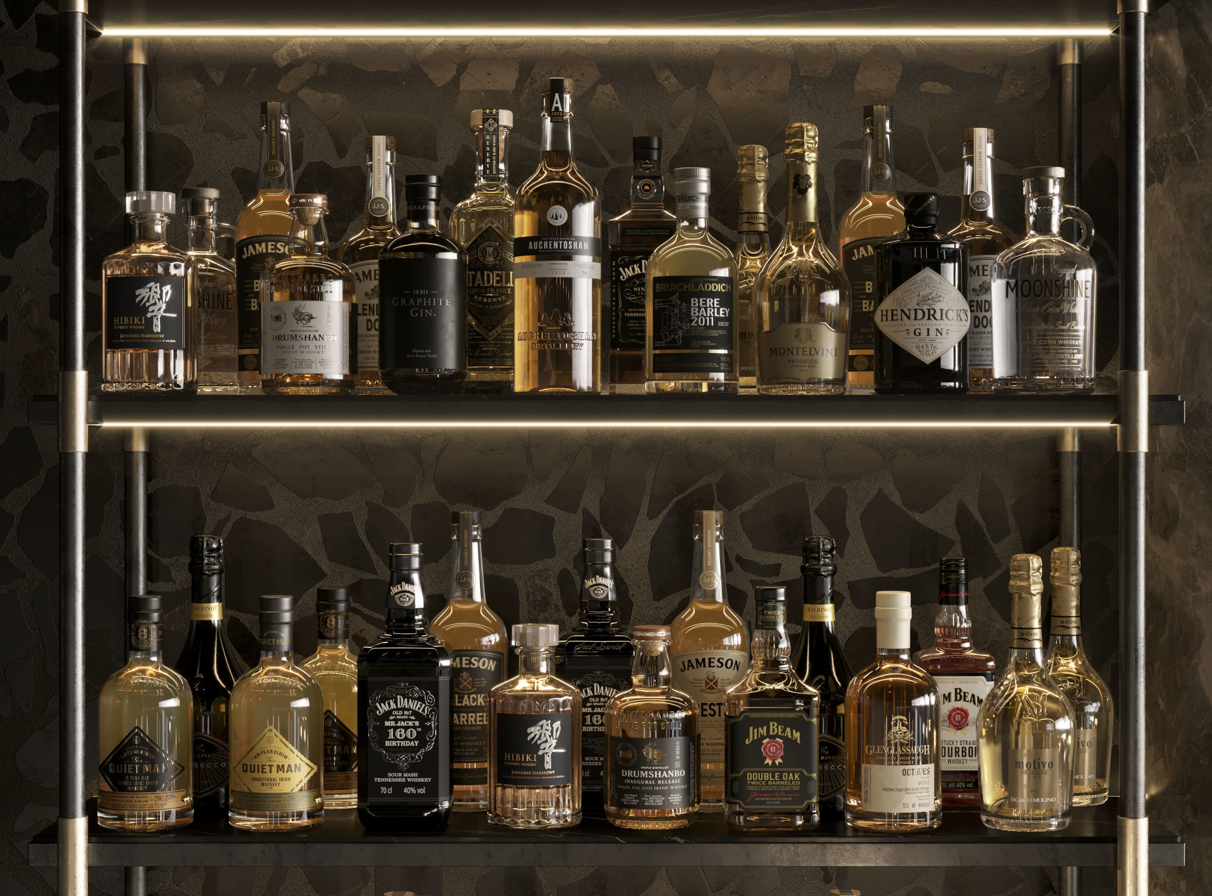 Bar Interior Bar Counter with alcohol and glasses 3D model_5