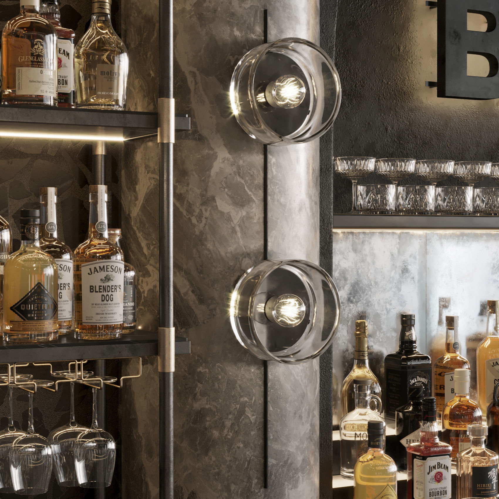 Bar Interior Bar Counter with alcohol and glasses 3D model_13