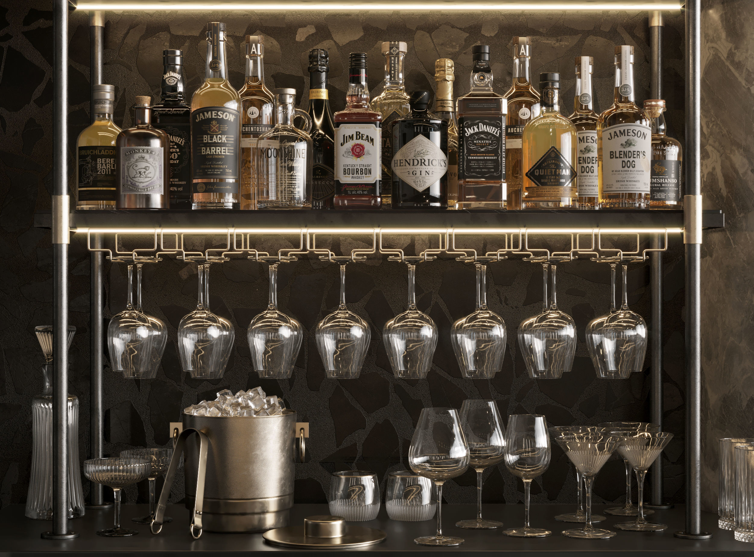 Bar Interior Bar Counter with alcohol and glasses 3D model_6