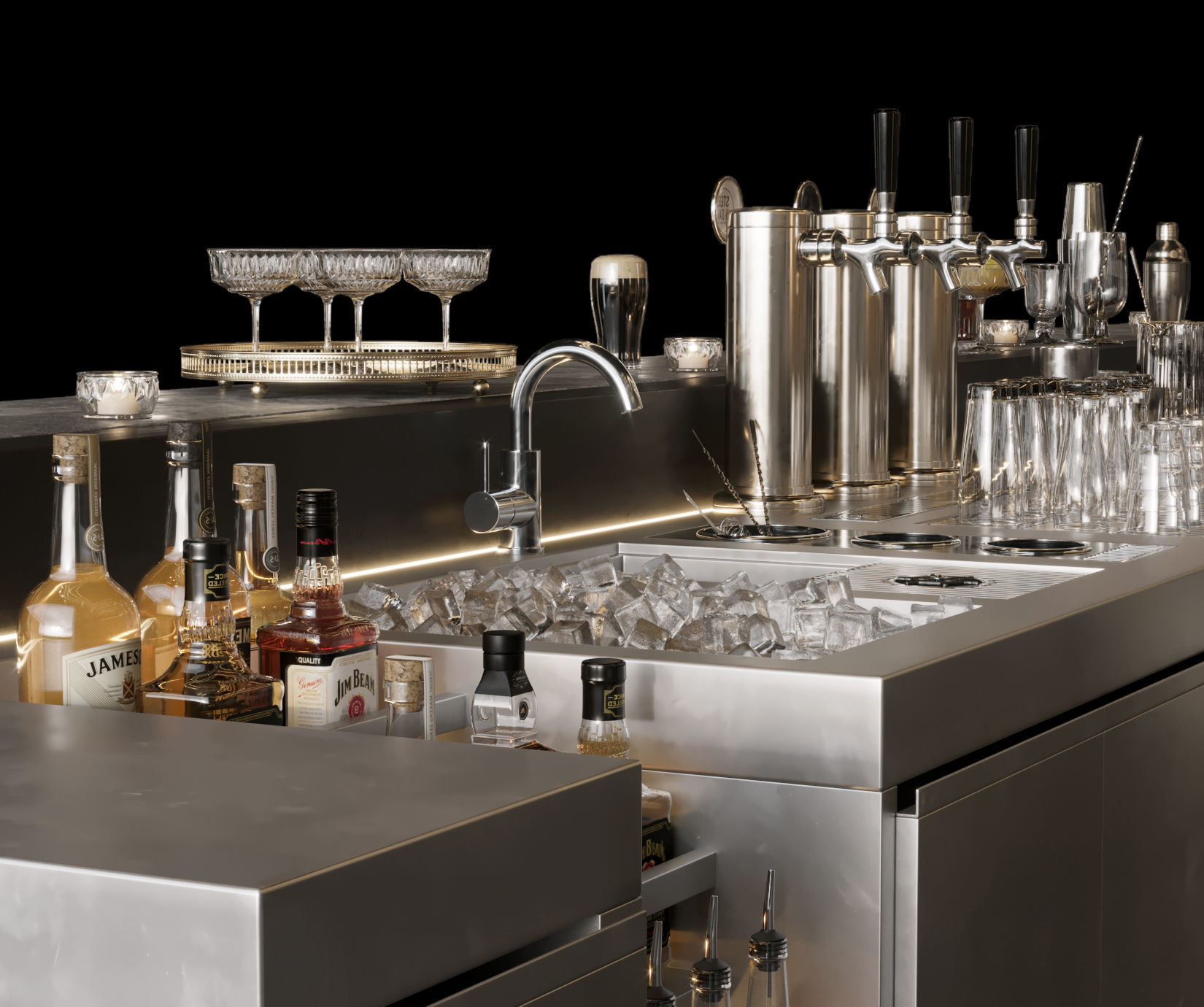 Bar Interior Bar Counter with alcohol and glasses 3D model_15
