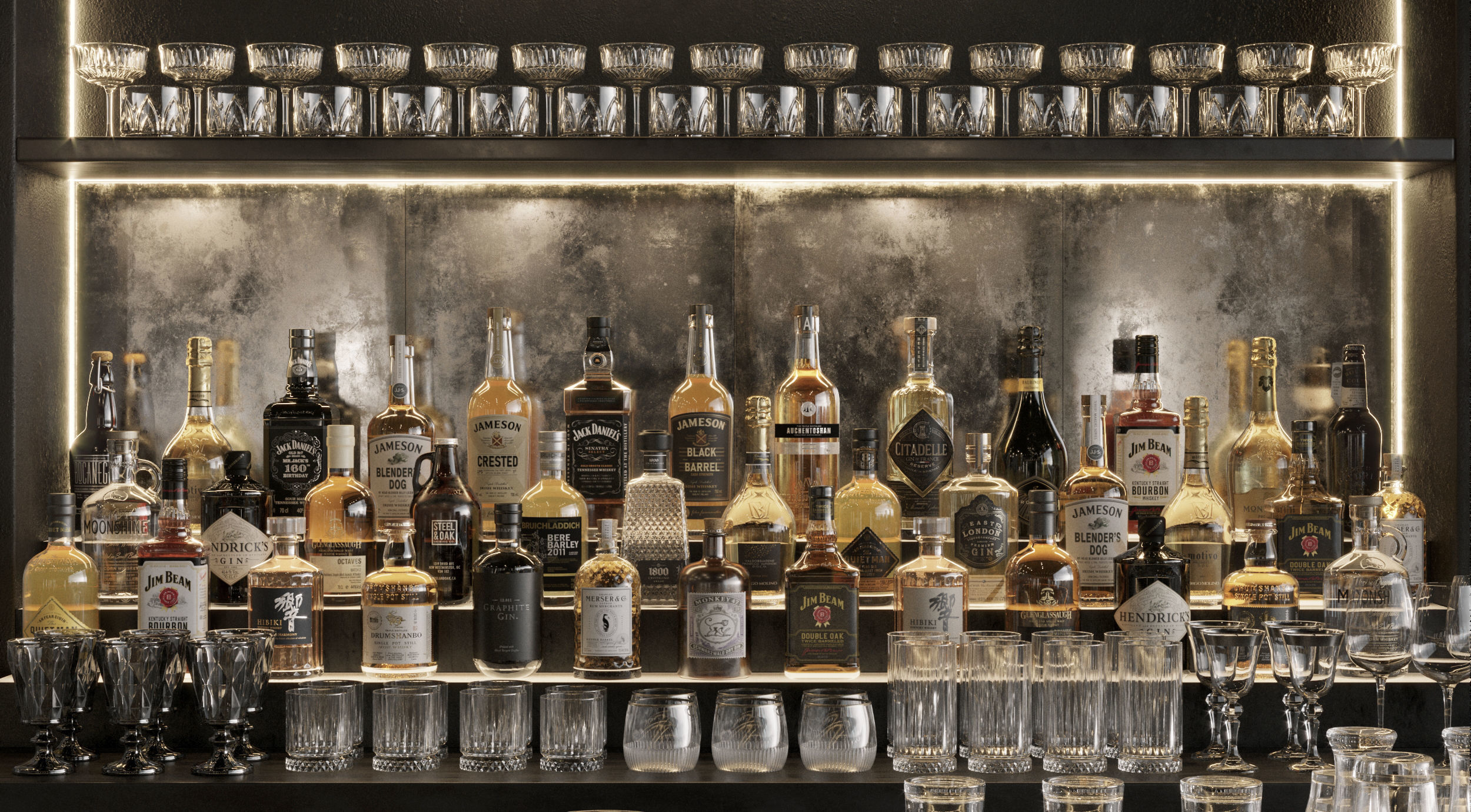 Bar Interior Bar Counter with alcohol and glasses 3D model_3