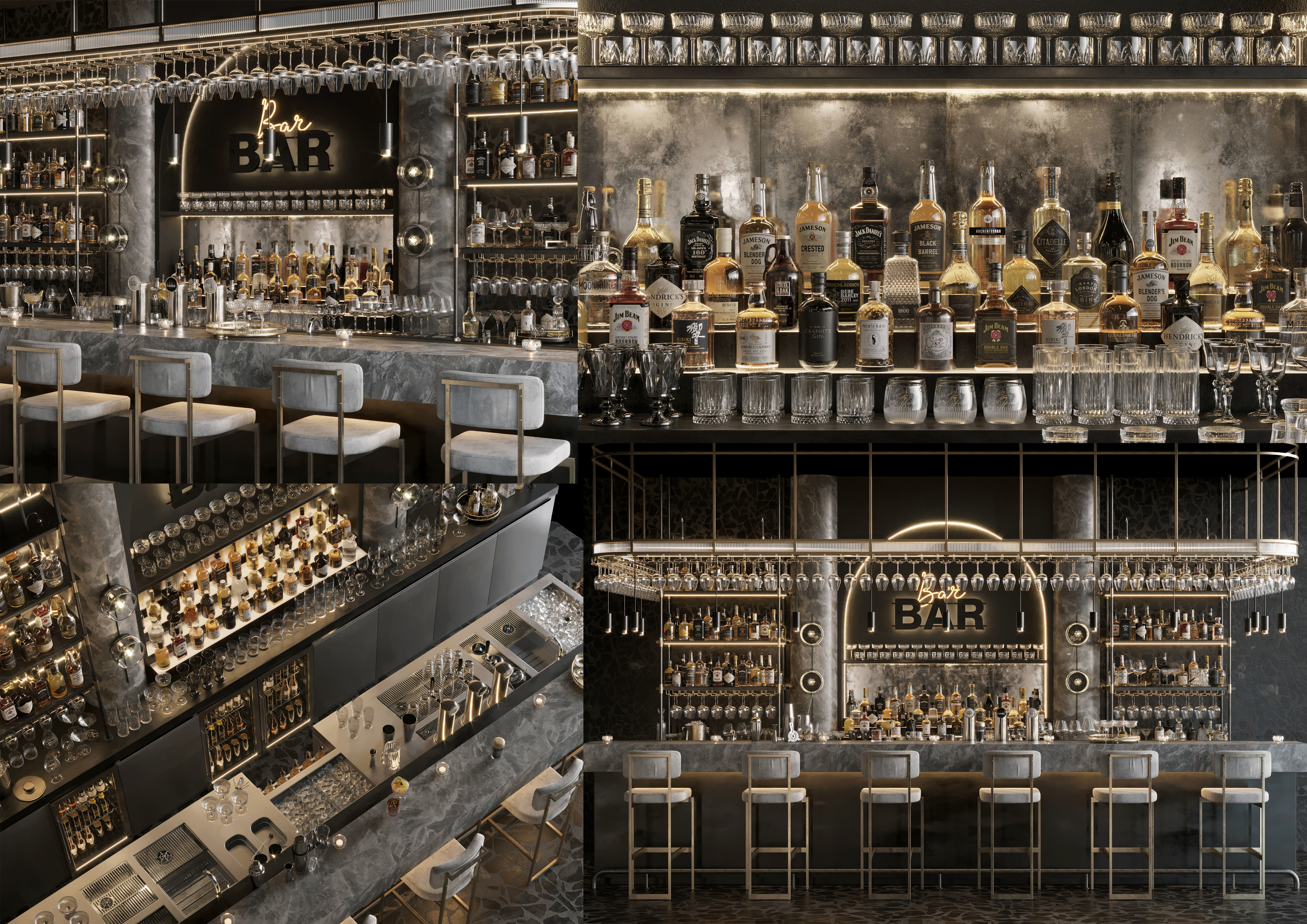 Bar Interior Bar Counter with alcohol and glasses 3D model_2