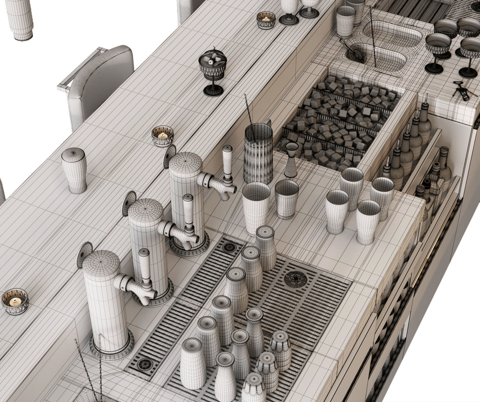 Bar Interior Bar Counter with alcohol and glasses 3D model_20