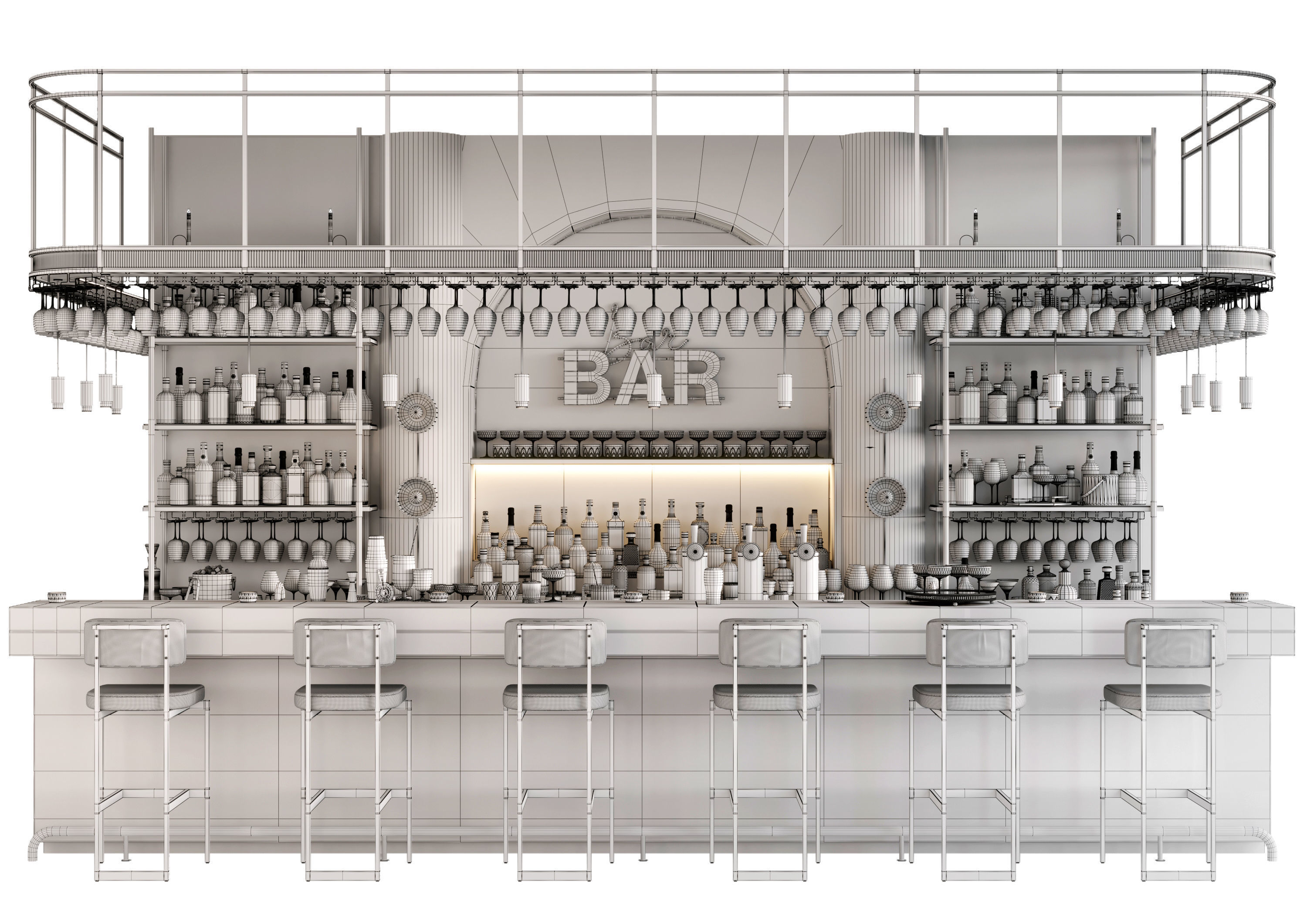 Bar Interior Bar Counter with alcohol and glasses 3D model_18