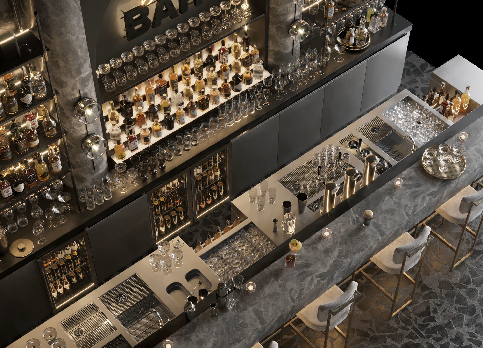 Bar Interior Bar Counter with alcohol and glasses 3D model_9