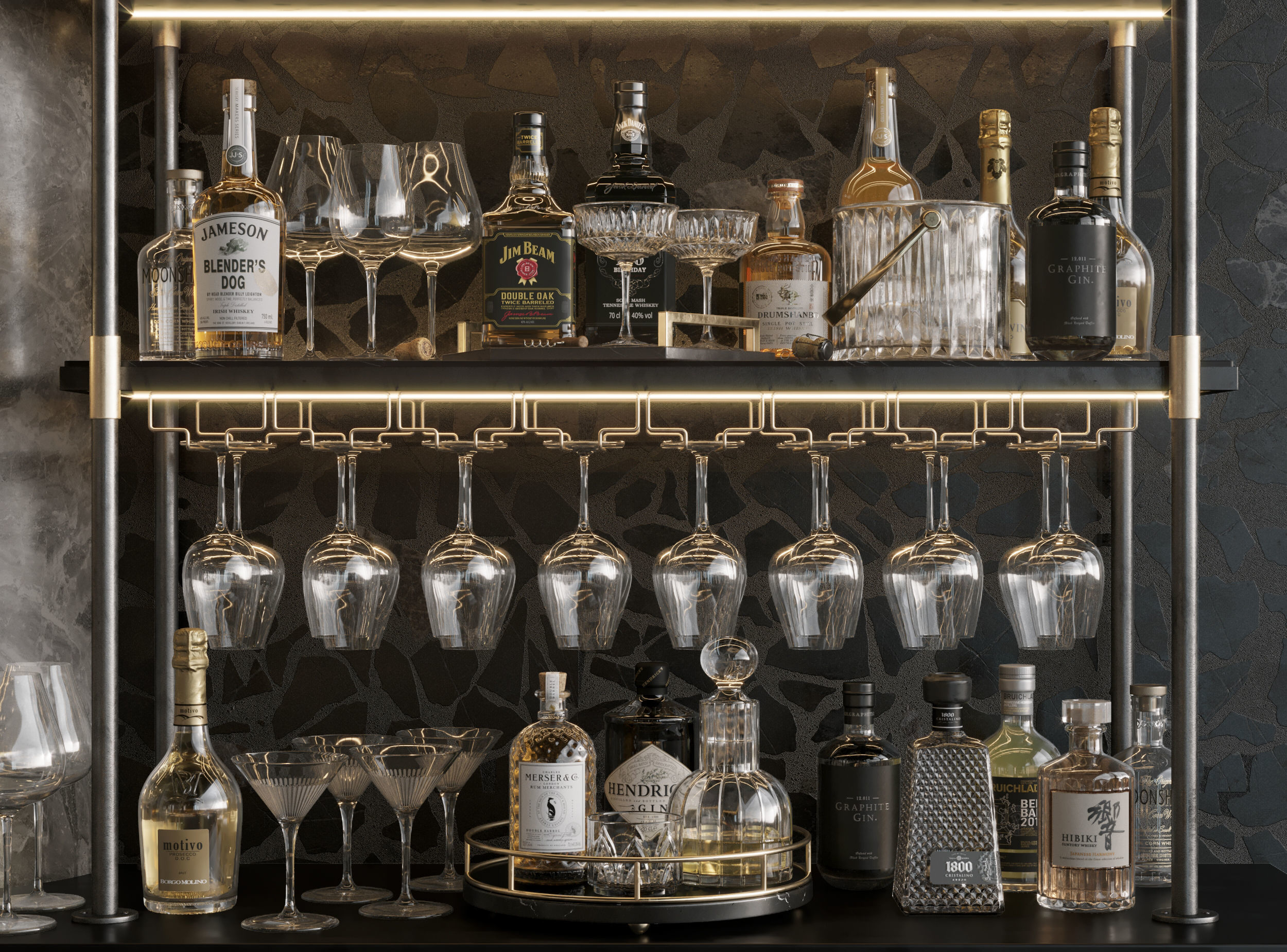 Bar Interior Bar Counter with alcohol and glasses 3D model_7