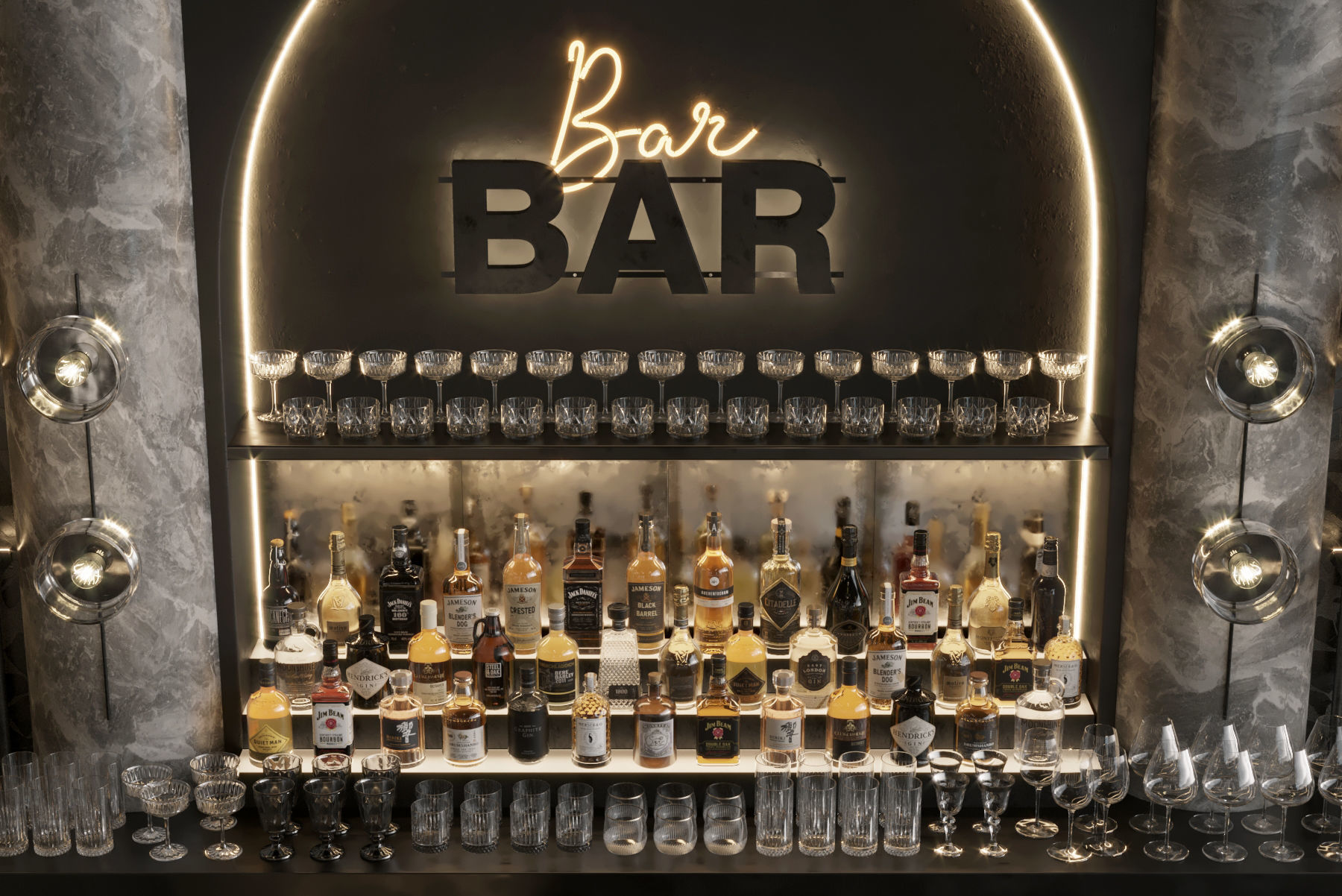Bar Interior Bar Counter with alcohol and glasses 3D model_12