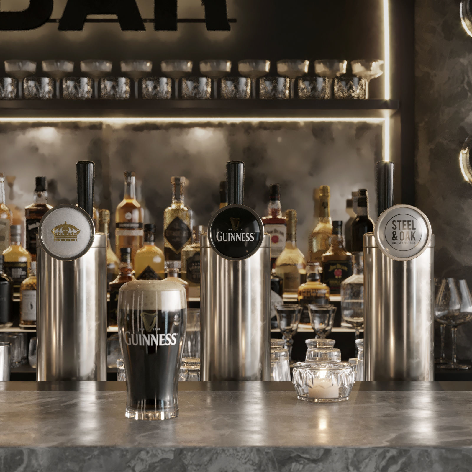 Bar Interior Bar Counter with alcohol and glasses 3D model_4