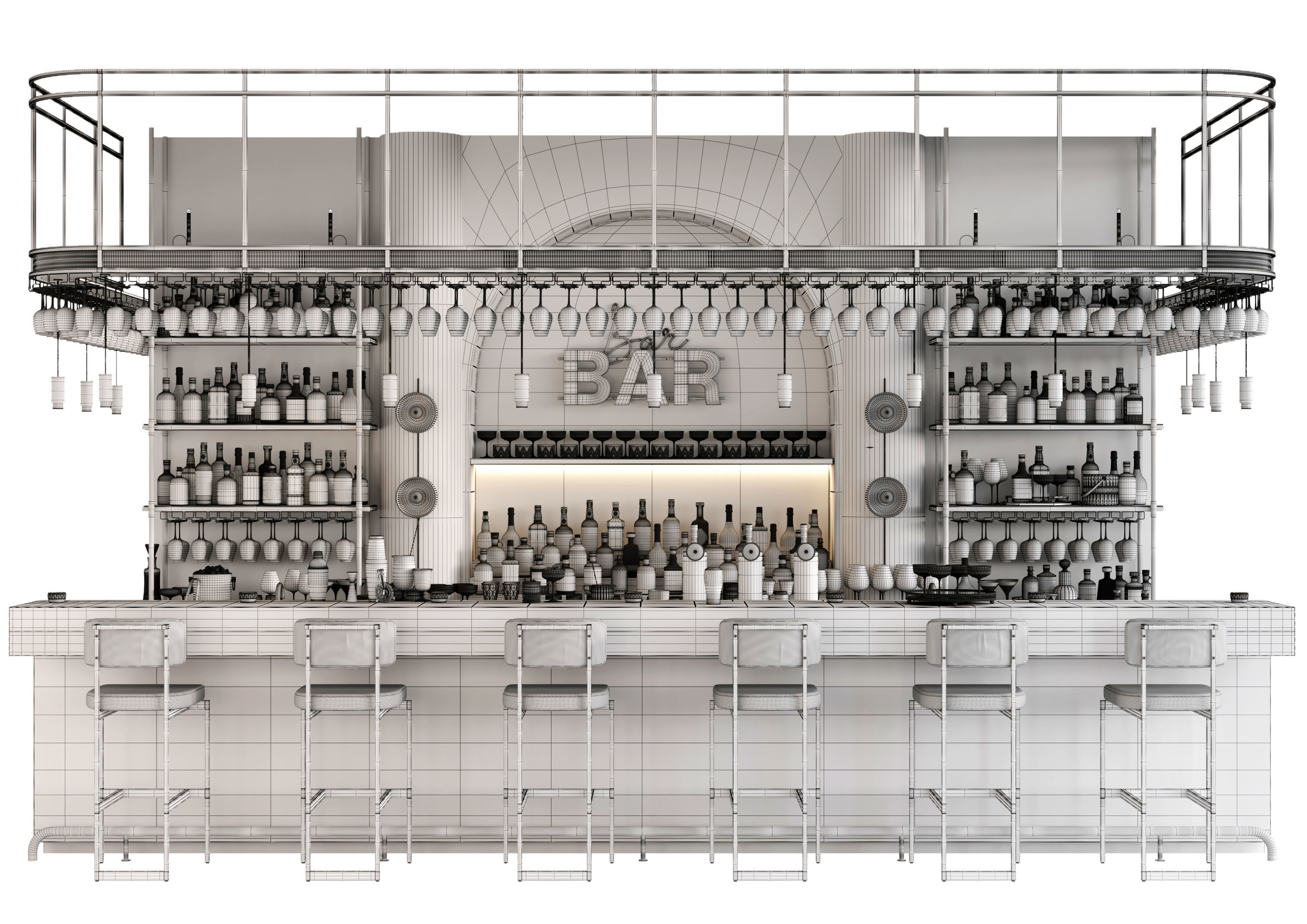 Bar Interior Bar Counter with alcohol and glasses 3D model_17