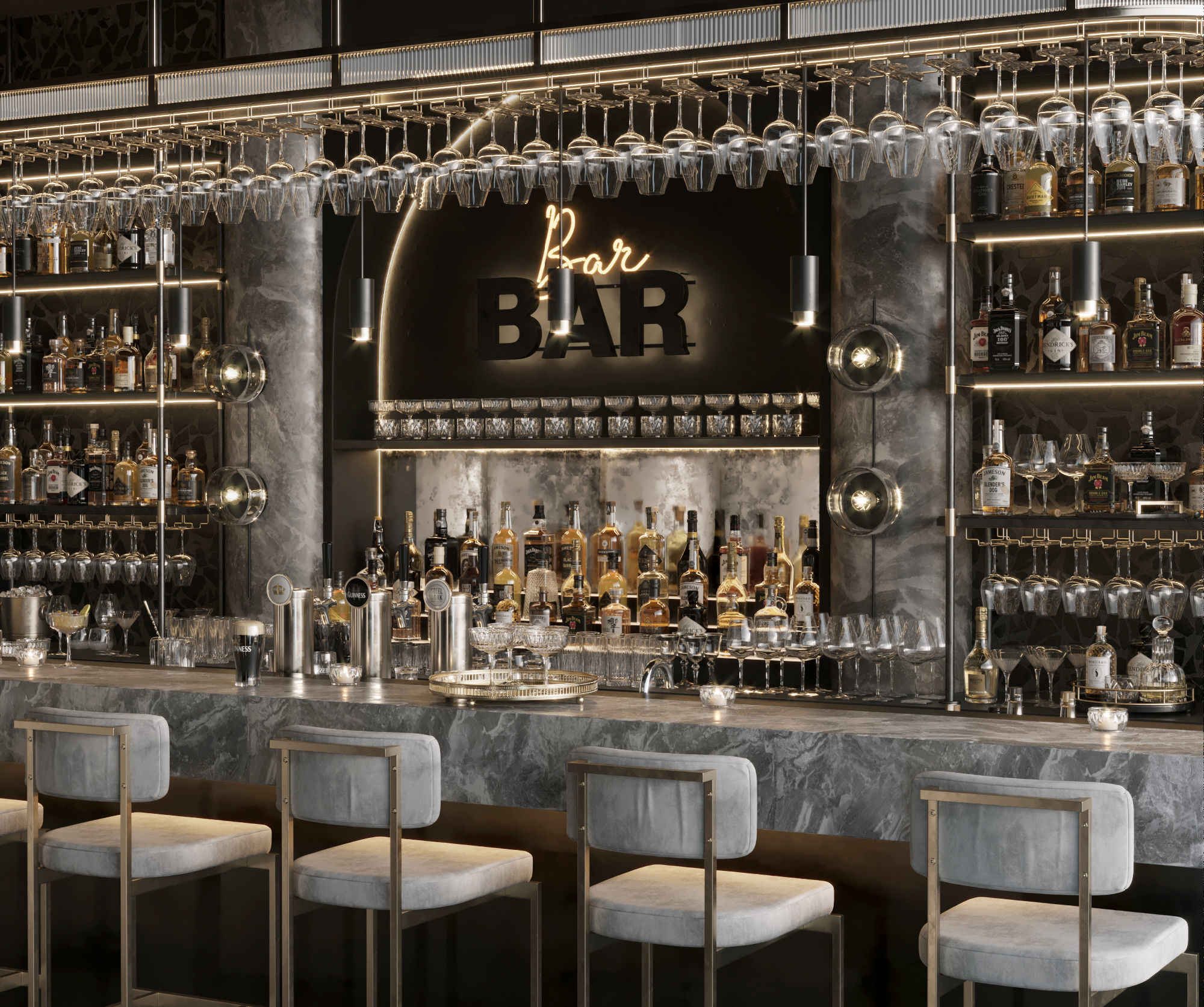 Bar Interior Bar Counter with alcohol and glasses 3D model | CGTrader