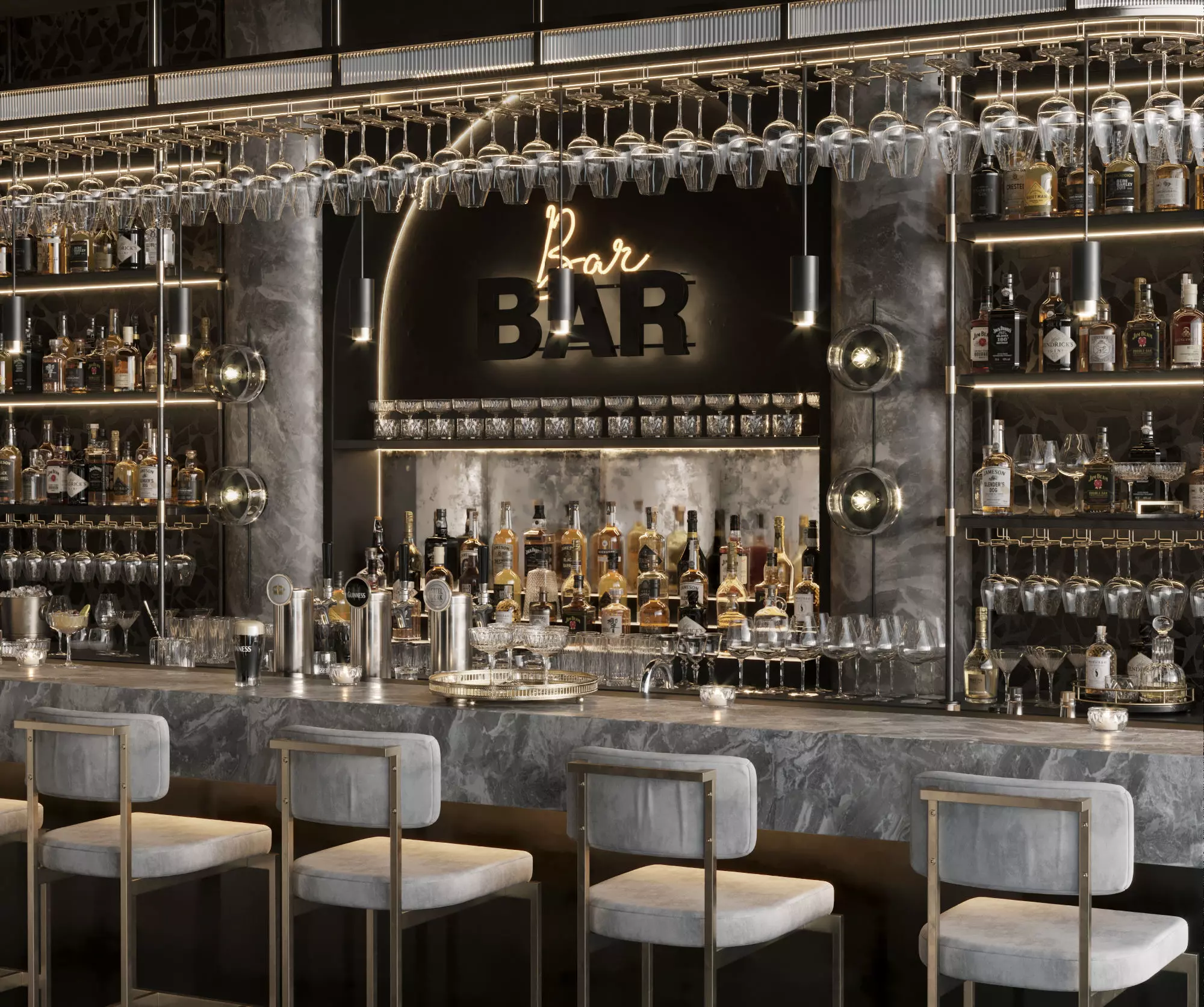 Bar Interior Bar Counter with alcohol and glasses 3D model_0